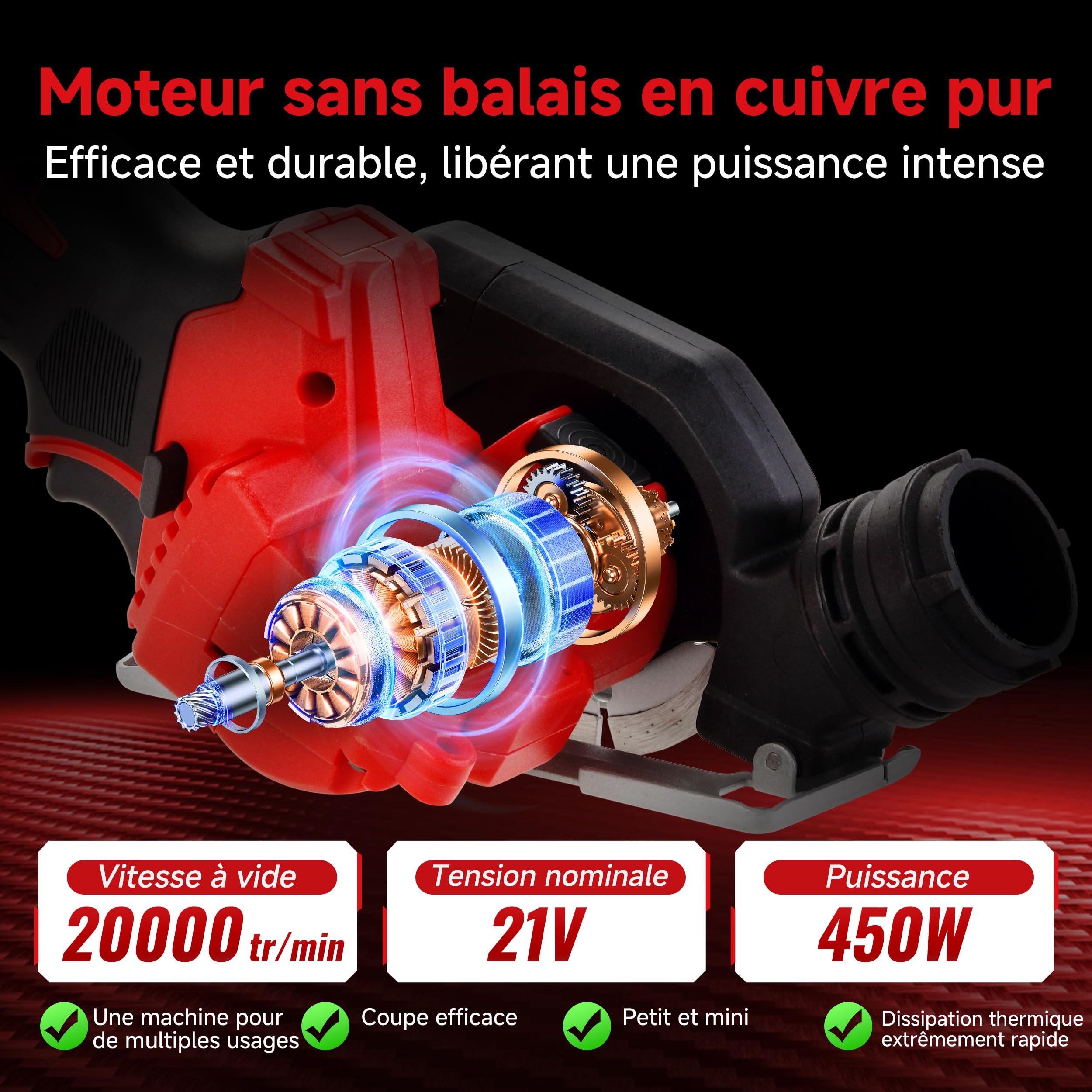 TEENO Scie Circulaire Sans Fil Mini Compacte, Scies Circulaires Électriques, 2 Batteries 2.0Ah, 8 Lames, 20000 Tr/Min, Meuleuse À Disque, Capot Anti-Poussière Amovible, Pour Métal, Bois Et Carrelage
