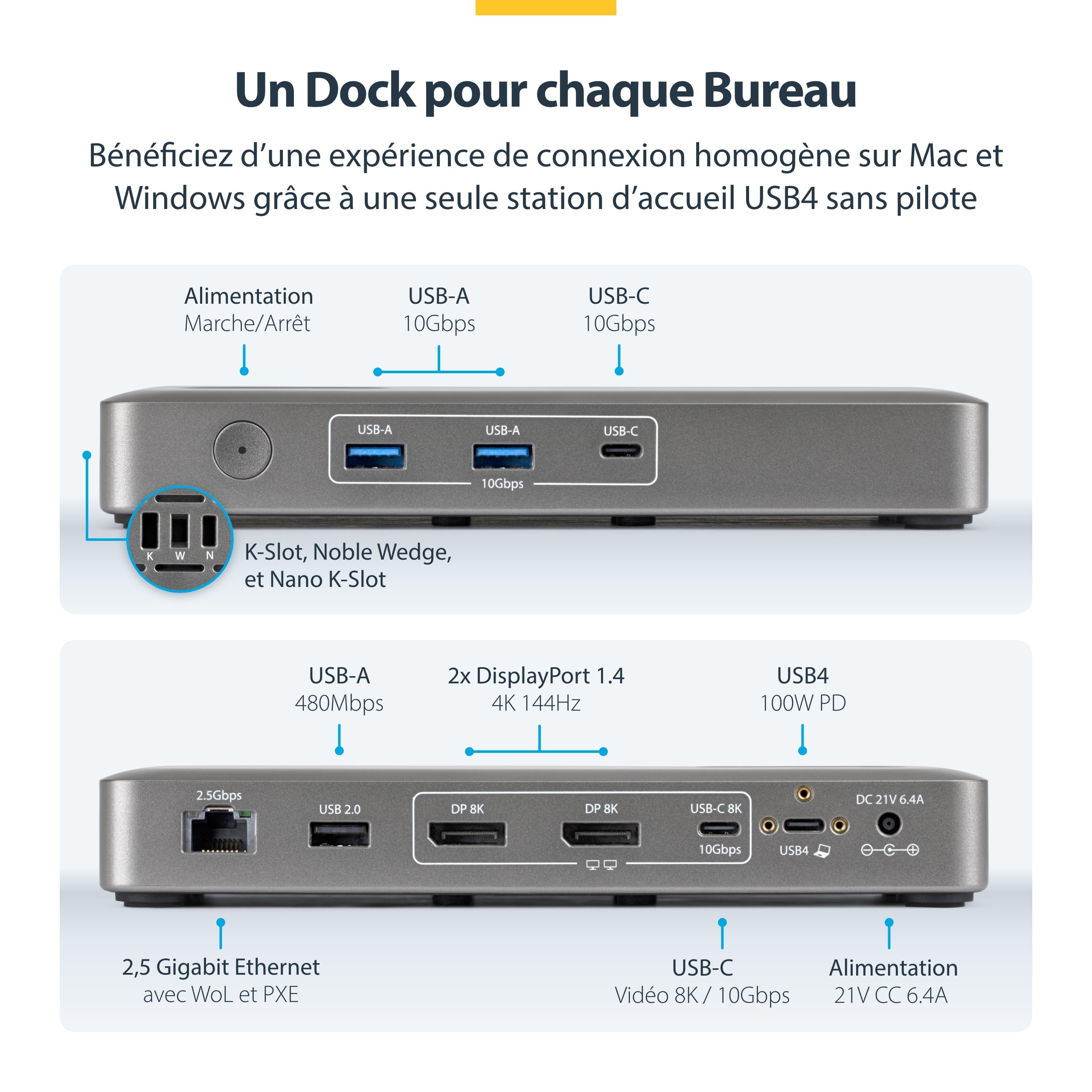 StarTech Dock Universel USB4, Double 4K 144Hz ou 8K 60Hz DisplayPort, 100W