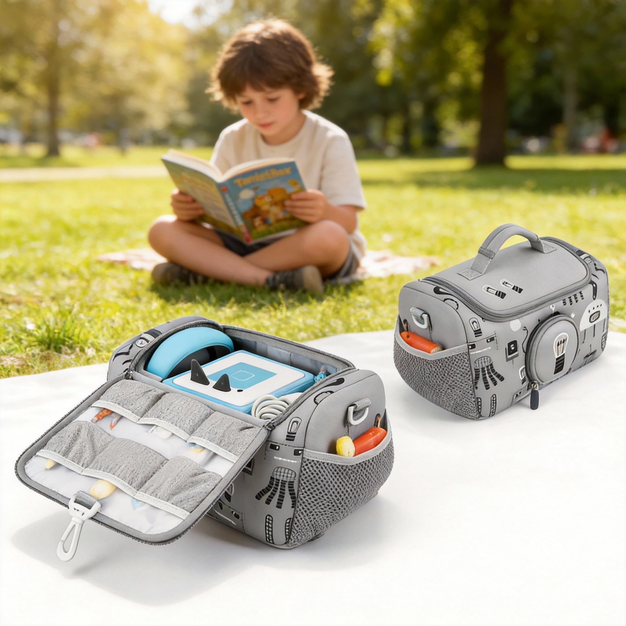 Étui de transport pratique pour lecteur audio Toniebox avec espace pour les figurines (gris)