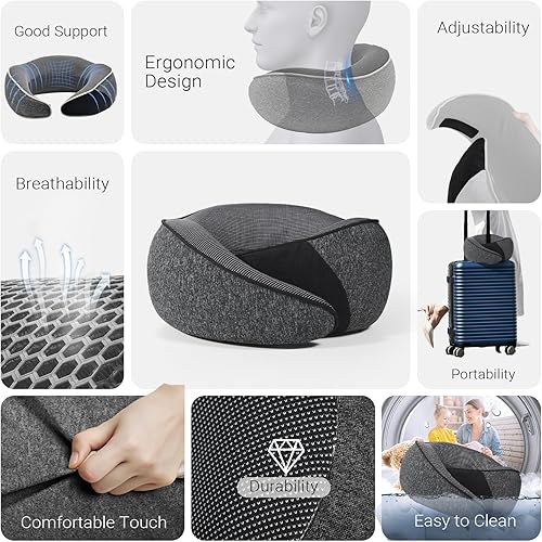 Miniatura 2 de Cozi Almohada de viaje para avión, almohada de avión de espuma viscoelástica 100% pura con almohada inflable ajustable para el cuello para mujeres y
