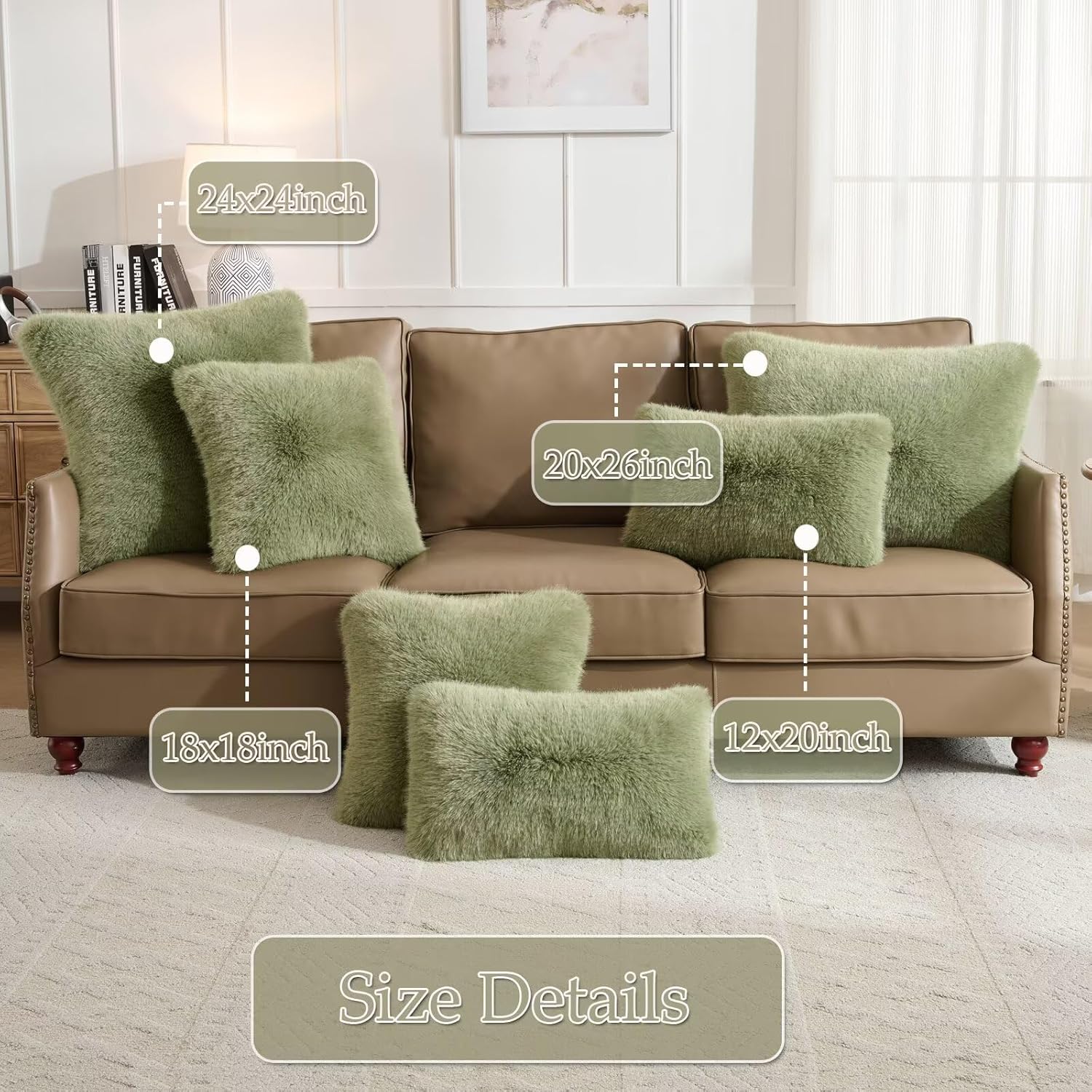 Decorative Throw Pillow Cover 12x20 Inch Set of 2,Super Soft Luxury Fluffy Fox Fur Pillowcase for Couch Sofa Bedroom Living Room Cushion Covers-Sage Green