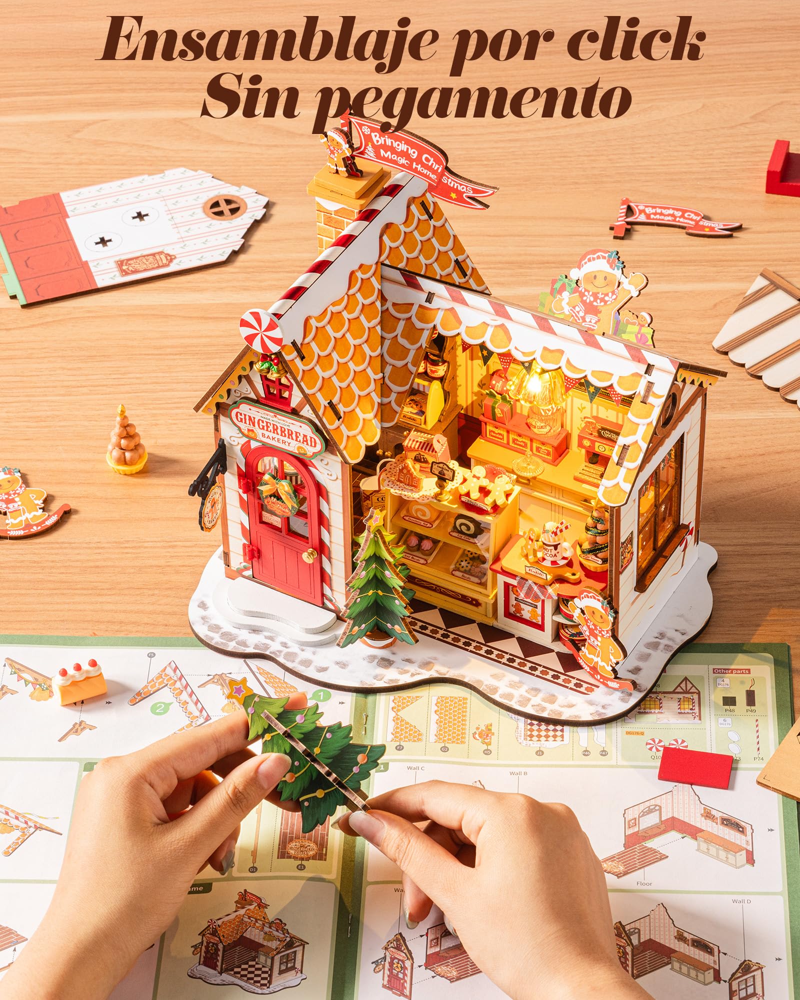 Rolife Maquetas Puesto de Dulces de Navidad-170 Piezas DIY Miniature House Diorama, Casas Miniaturas para Montar Puzzle 3D Madera para Adultos ¡Ningún Pegamento Necesario Adornos de Navidad