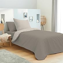 UNIVERSDECOR - Pack Complet 4 pièces Bicolore réversible Housse de Couette 140 x 200 cm pour lit 90 x 190 cm 100% Coton / 57 Fils/cm² (Taupe/Lin, Housse de Couette 140 x 200 cm lit 90 x 190 cm)