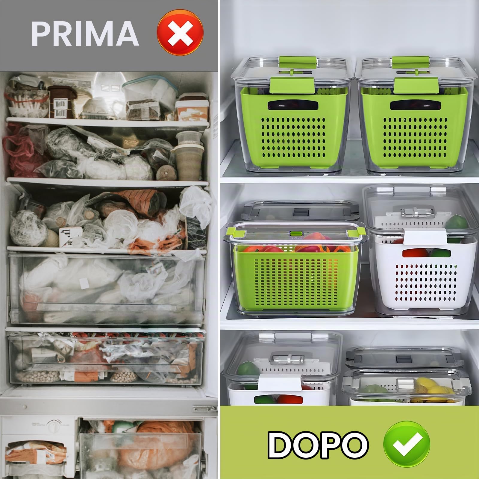 Luxear Set di 3 scatole di conservazione per alimenti, confezione da 4,5 l+1,7 l+0,5 l, senza BPA, per conservare il frigorifero con scolapiatti, contenitore di conservazione insalata per verdure,
