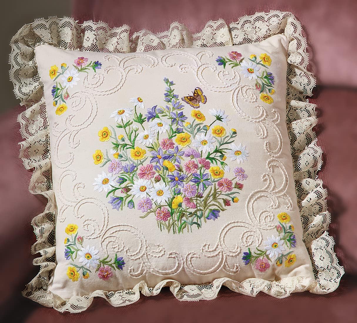 Janlynn Candle Wicking Embroidery Kit, Wildflowers and Butterfly Pillow 14 x 14