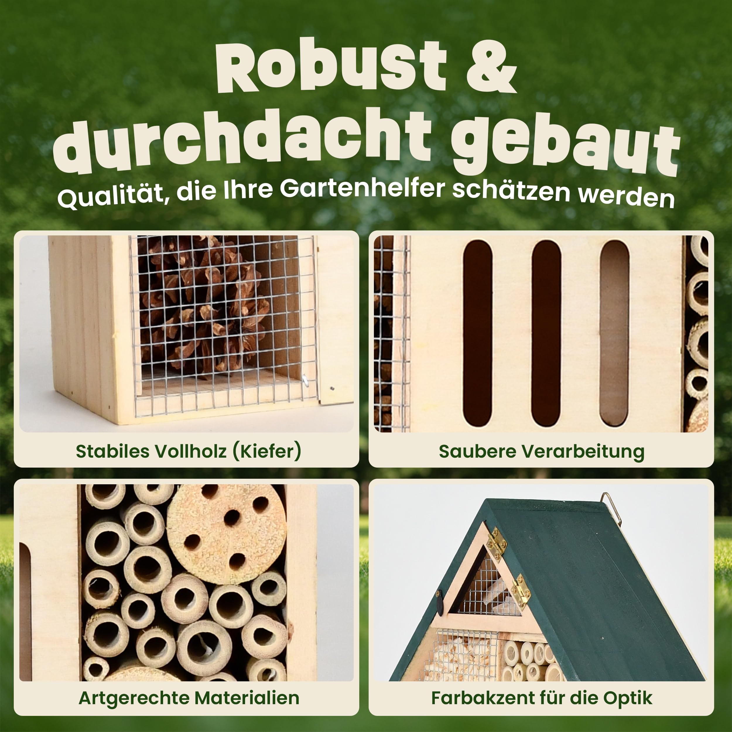 zooprinz Insektenhotel kompakt aus Holz 28,5 cm grünes Dach | Wetterfestes Insektenhaus und Bienenhotel, Nisthilfe mit Bambus-Röhrchen für Wildbienen, Garten und Balkon
