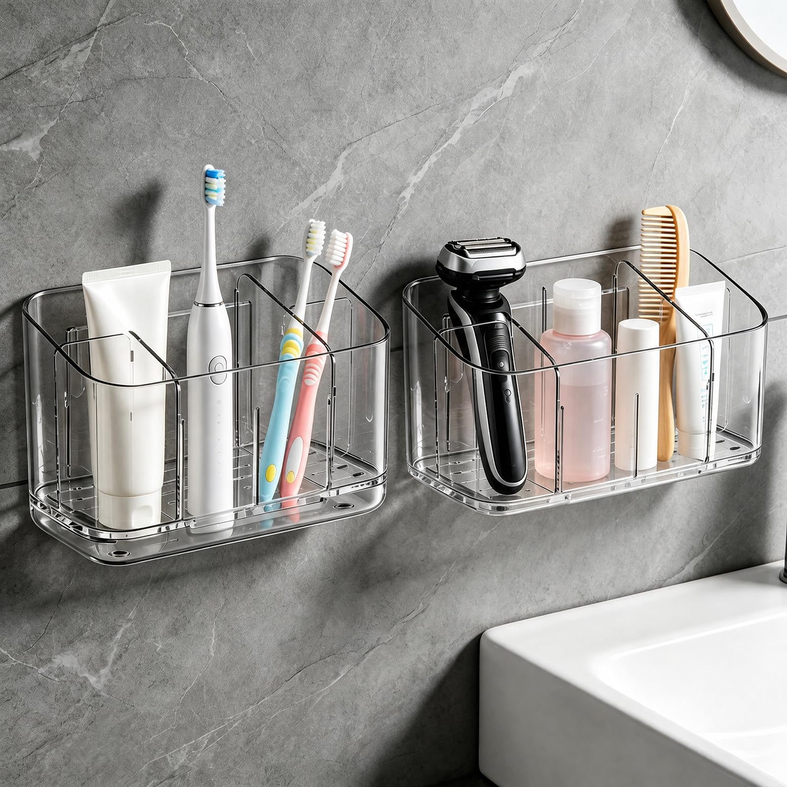 Electric Toothbrush Holder Wall Mounted & Counter Top, 5-Slot Bathroom Organizer with Self-Adhesive & Drainage Holes – Waterproof Adhesive, No Drilling Needed for Bathroom Vanity-2-Pack