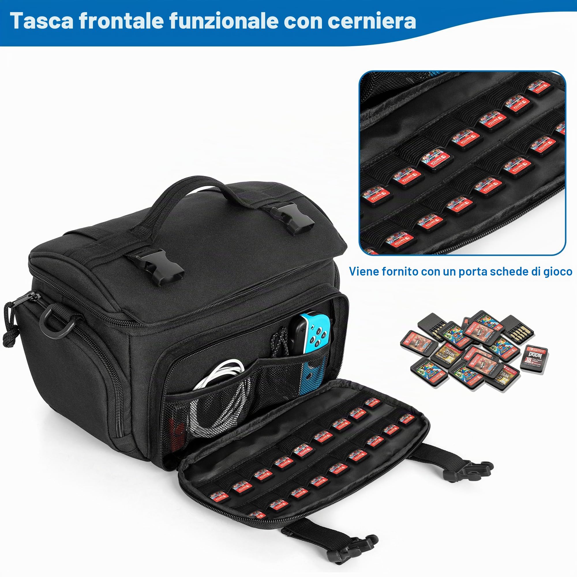 PGmoon Borsa da Trasporto Compatibile con Nintendo Switch/ASUS ROG Ally, Borsa Tattica con 18 Slot Compatibile con Switch Game Card e Switch Set Dock, Adattatore di Alimentazione, Controller