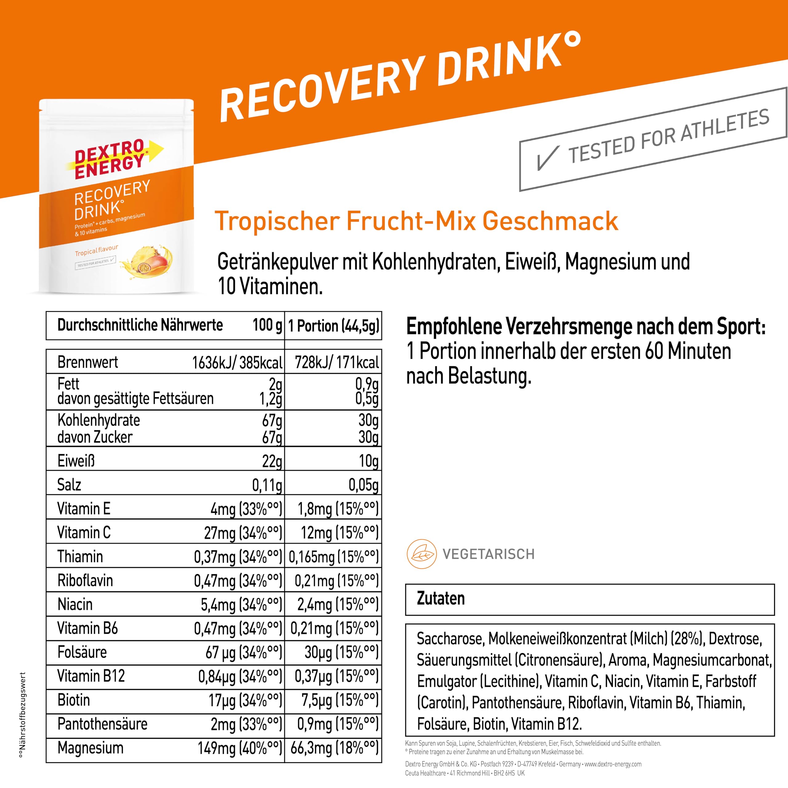 Dextro Energy Recovery Drink Tropical - 14x44,5g (14 Stück), Elektrolyt Pulver mit Magnesium, Vitamin E, C, B1, B2, B3, B6, B12, Folsäure, Pantothensäure, 3:1 Kohlenhydrat Protein Mix, Regeneration