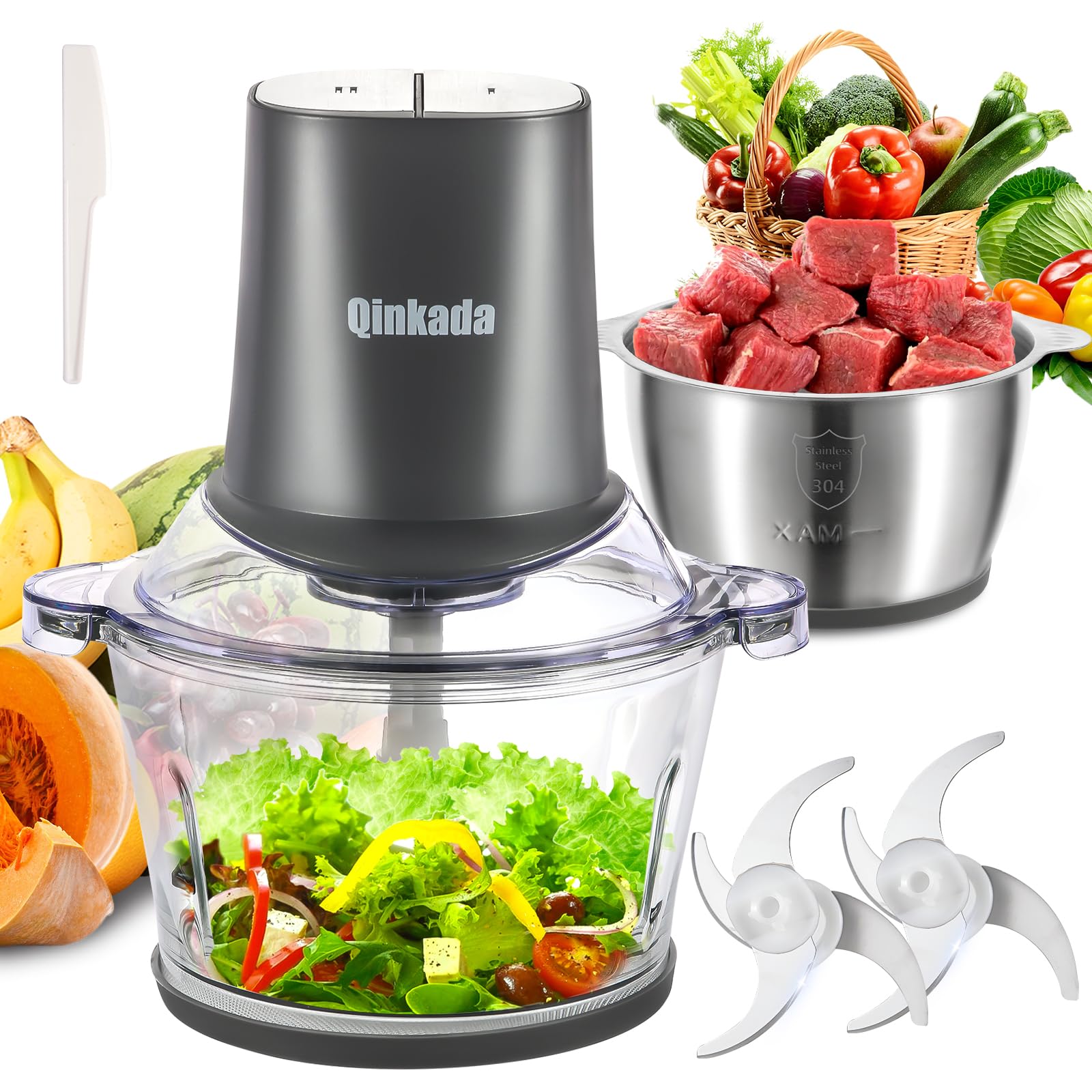 Qinkada Food Processors with 2 Bowls, 400W Meat Grinder, Food Chopper Electric, 2 Speed, 8Cup Glass and 8Cup 304 Stainless Steel, 2 Blades, Spatula (Grey) : Amazon.ca: Home