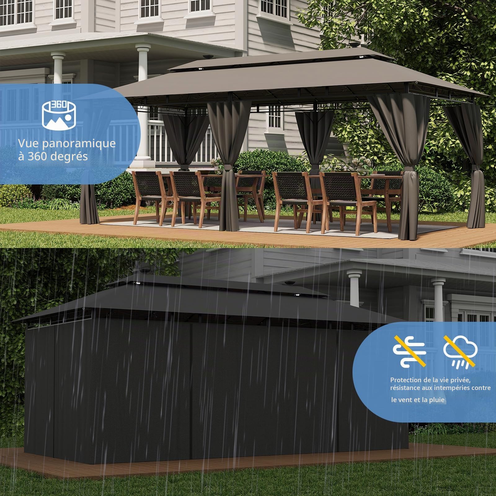 JUMMICO Tonnelle de Jardin 3x6 avec Éclairage Solaire, Toit Double Couche, Structure Métallique Robuste, Résistant au Vent, à la Pluie et aux UV, Abri pour Fêtes et Réceptions de 6 à 10 Personnes Gris