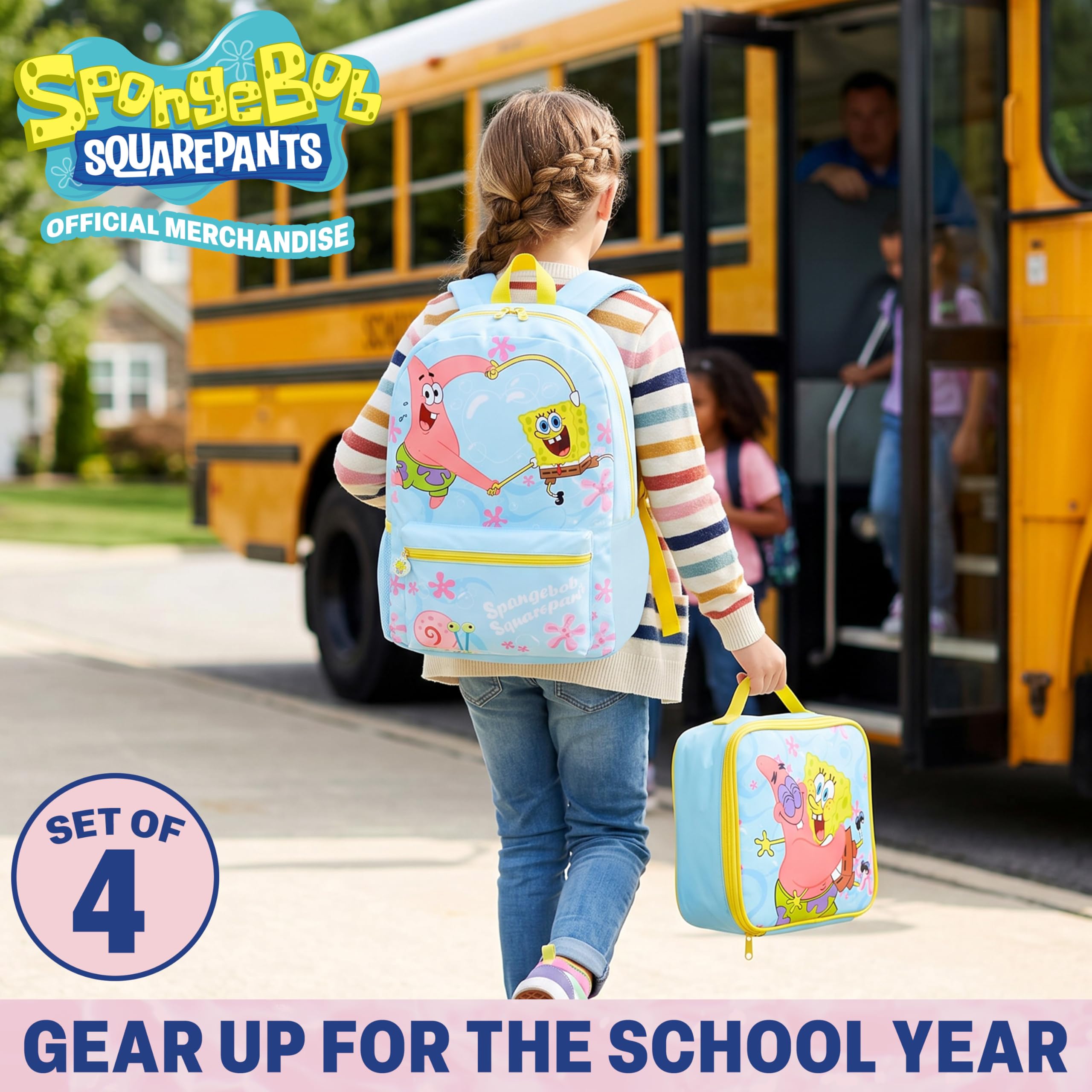 Get Trend Bob Esponja Mochila Escolar Set, 4 Piezas con Grande Mochila Niña 46cm, 500ml Botella Agua Sin BPA, Estuche Escolar y Bolsa Isotermica (Azul Claro/Amarillo Spongebob)