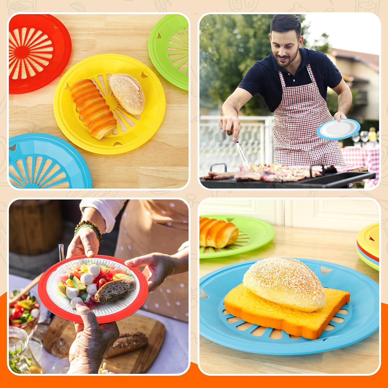12 Pcs Paper Plate Holders, 10 Inch Reusable Plastic Round Paper Plate Dispenser with Snap in Grooves 4 Bright Colors for Party Picnic