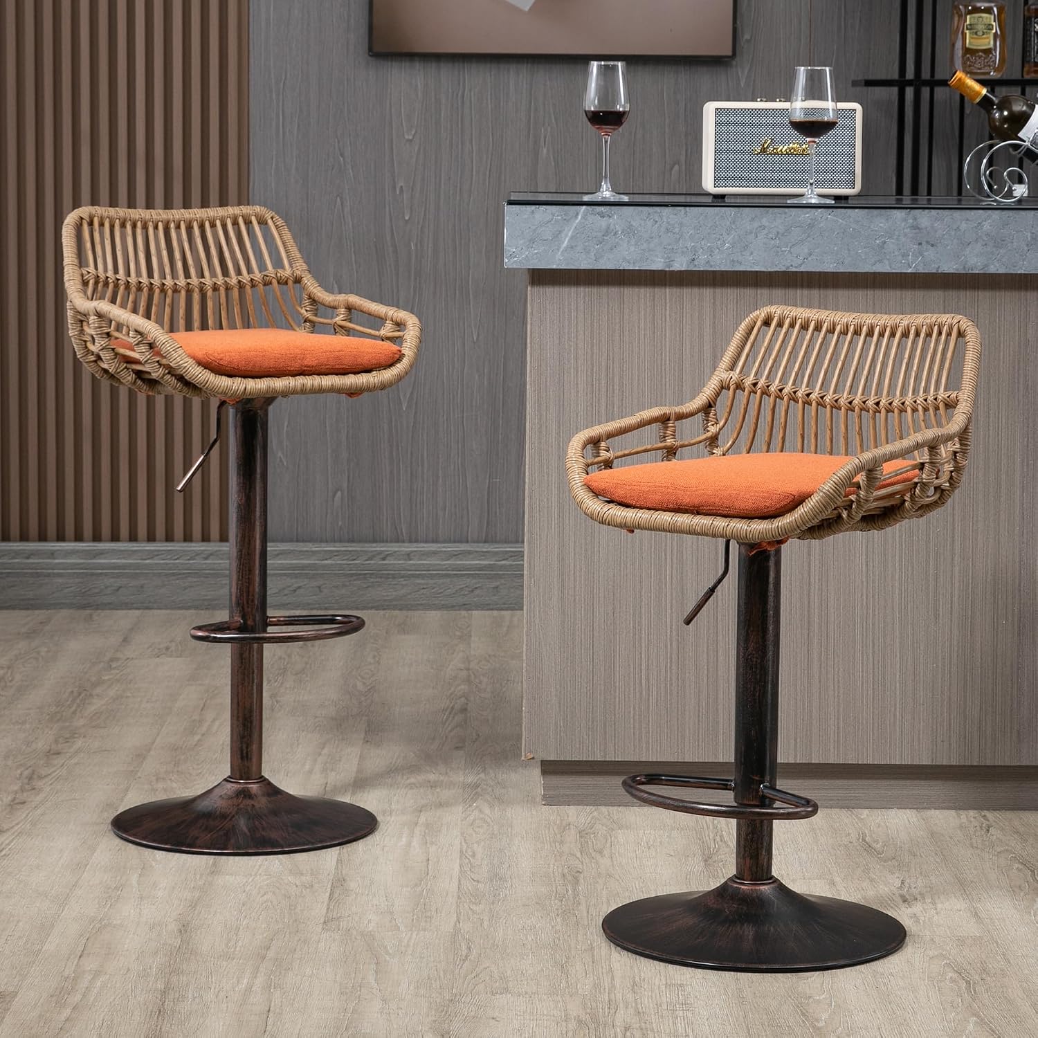 Tmosi Rattan Bar Stools Set of 4, Boho Wicker Woven Barstools with Linen Cushion, Swivel & Adjustable Vintage Leg Bar Stool for Kitchen, Patio, Outdoor (Orange)