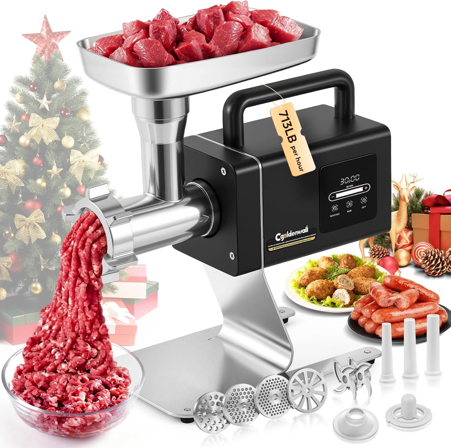 CGOLDENWALL Meat Grinder, 1.36HP Electric Meat Grinding, Heavy Duty Stainless Steel Meat Mincer & Sausage Stuffer with 5-Speed for Effortless Meat & Bone Processing, Home Kitchen & Commercial Use