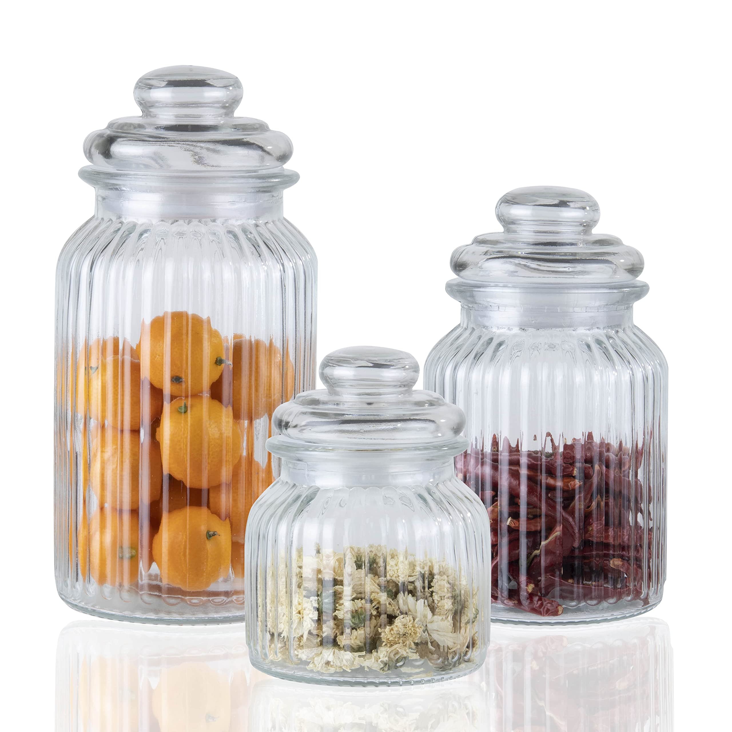 ORNAMI Ribbed Glass Storage Kitchen Jar with Airtight Lid (Mixed Sizes, Set of 3)
