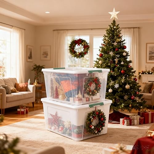 Miniatura 5 de Paquete de 4 cubos organizadores grandes de plástico transparente con tapas, 85 cuartos de galón, cajas apilables transparentes para dormitorio,