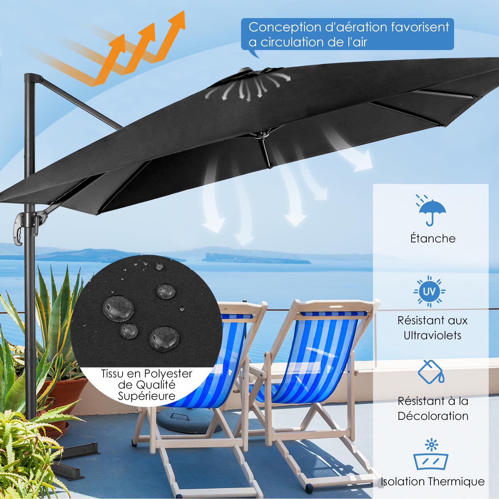 RELAX4LIFE Parasol Déporté Rectangulaire 3x3M Inclinable (Noir)