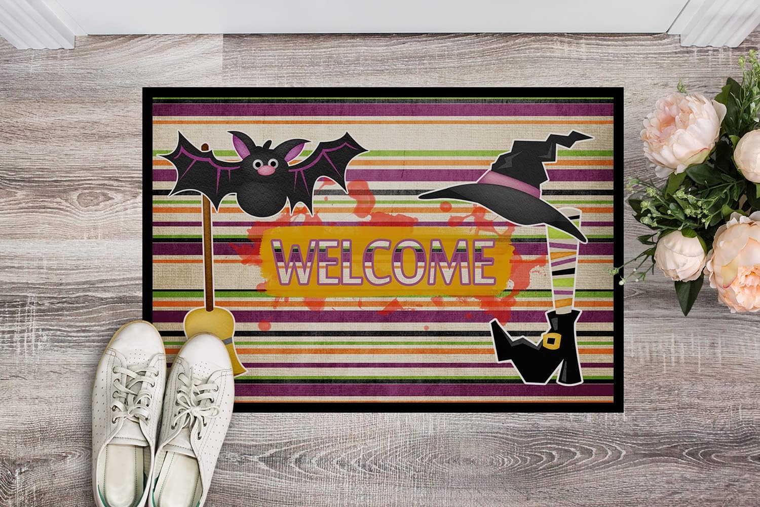 Caroline's Treasures SB3010JMAT Witch Costume and Broom on Stripes Halloween Doormat 24x36 Front Door Mat Indoor Outdoor Rugs for Entryway, Non Slip Washable Low Pile, 24H X 36W