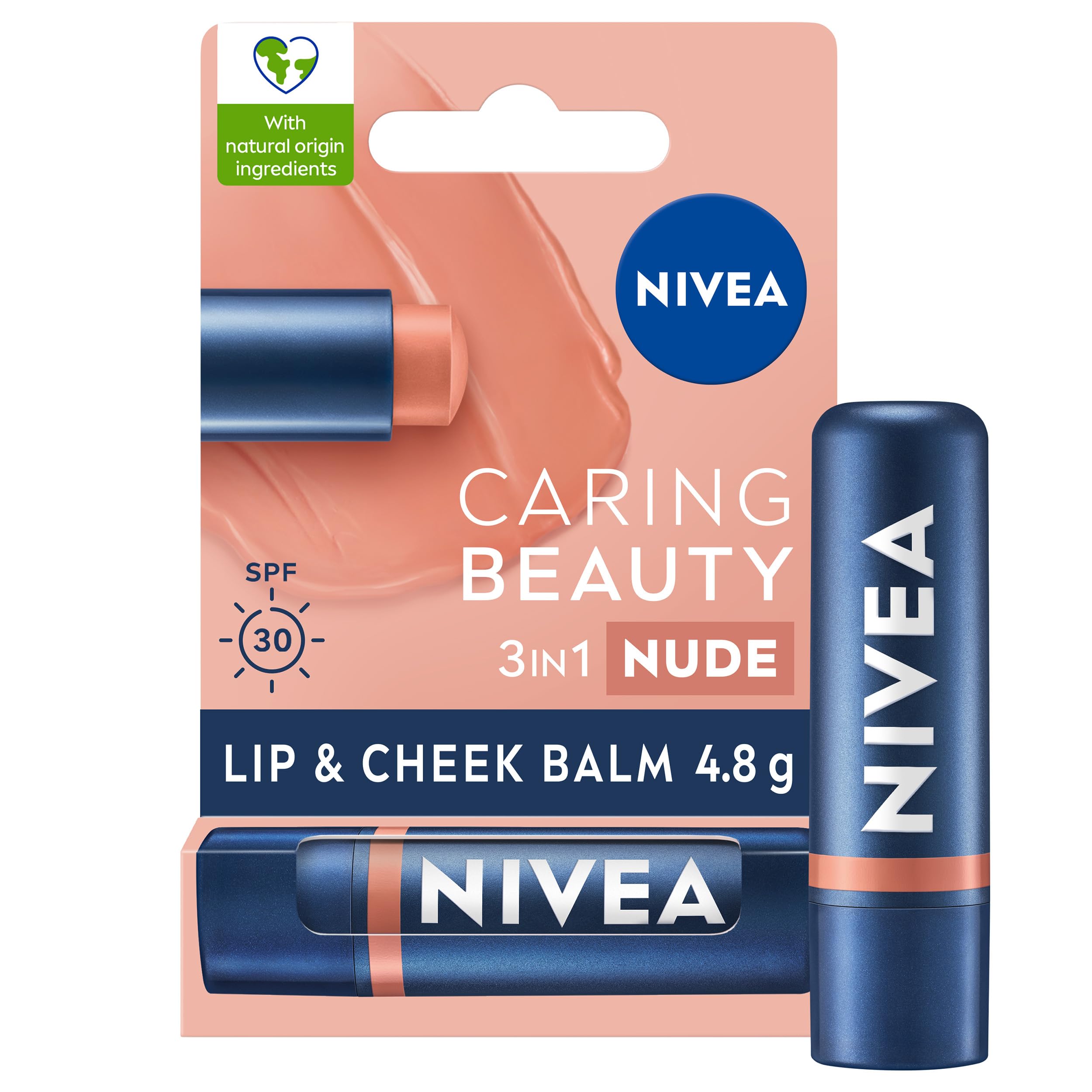 NIVEACaring Beauty Nude Lip Balm SPF30 (4.8g), 3-in-1 Buttery Lip and Cheek Tint, Rich Colour and 24H Moisturisation with SPF 30 Protection
