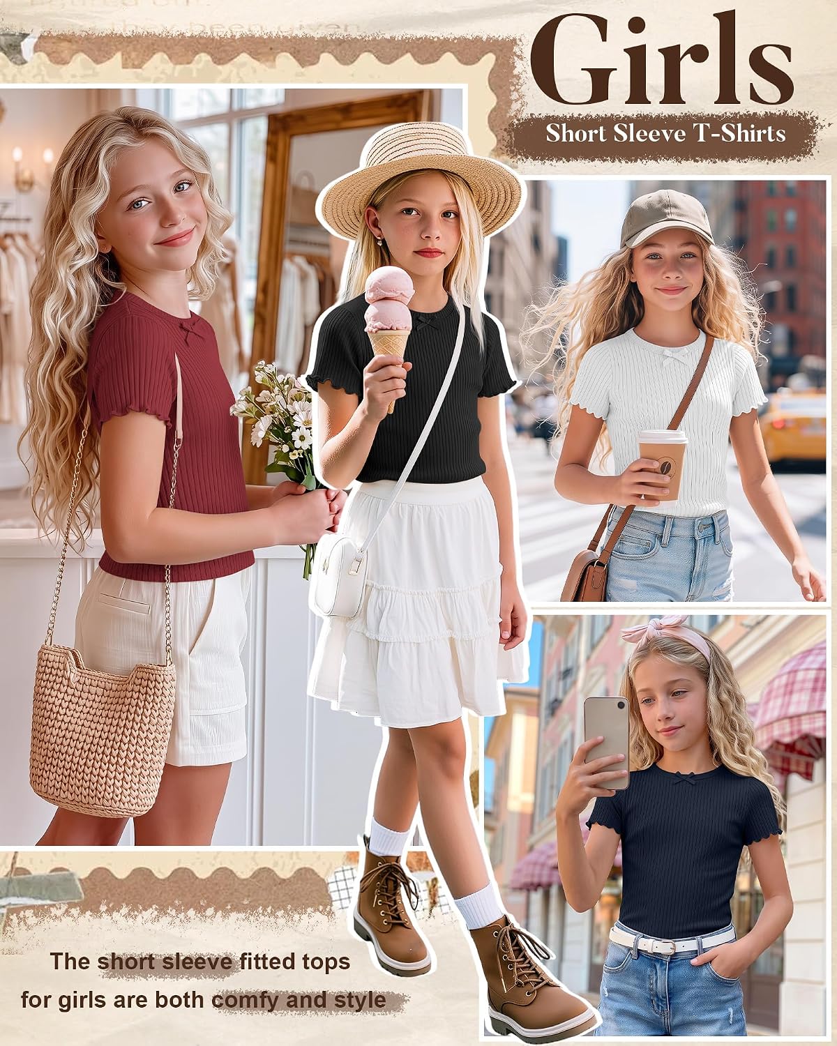 4 Pack Girls Cotton T-Shirts 5-14 Years Puff Short Sleeve Tops Ribbed Crew Neck Fitted Lettuce Trim Bow Tie Tees