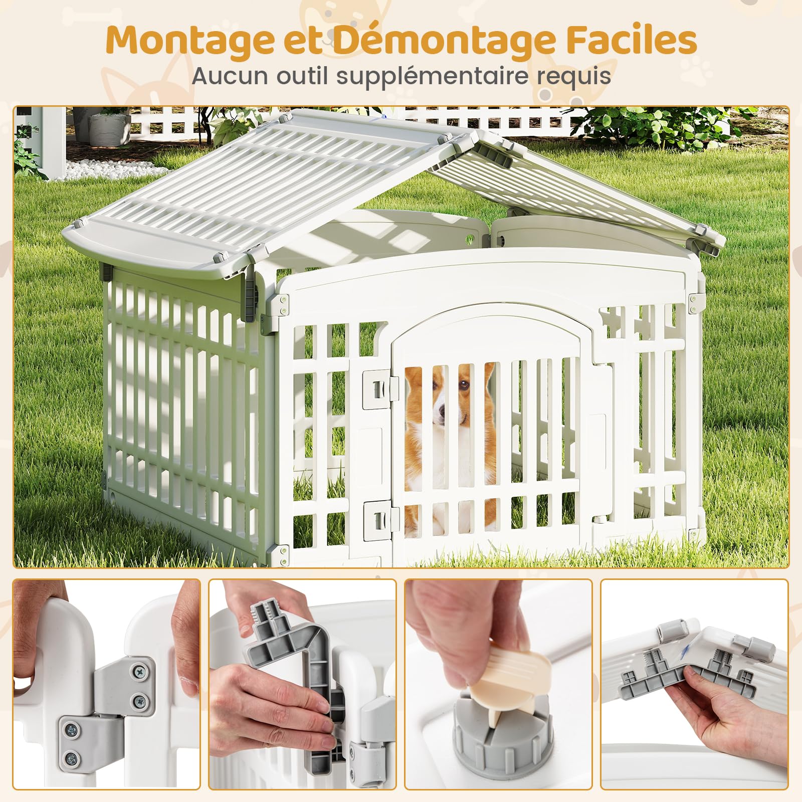 COSTWAY Parc pour Chien Exterieur Interieur à 6 Panneaux en HDPE, Barriere de Securite Chien Pliable, pour Taille Moyens & Petits, Porte Verrouillage, Ventouses & Piquets De Sol, Niche pour Chiot