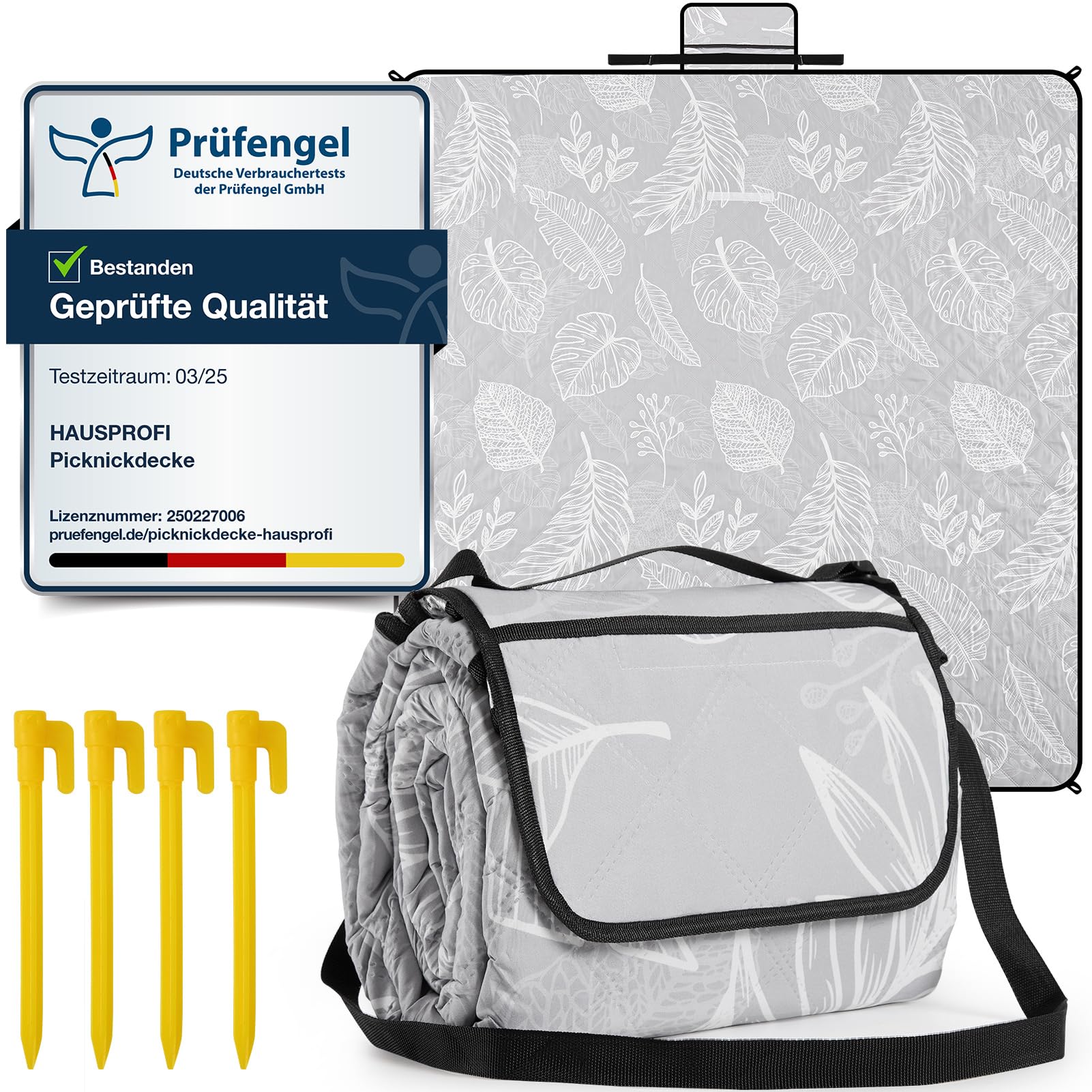 HAUSPROFI Couverture de Pique-Nique 200x200cm, Imperméable et Isolante - Tapis de Plage Anti Sable et Camping, Rembourrage Coton, Pliable avec Poignée et 4 Piquets, Lavable en Machine sans Déformation