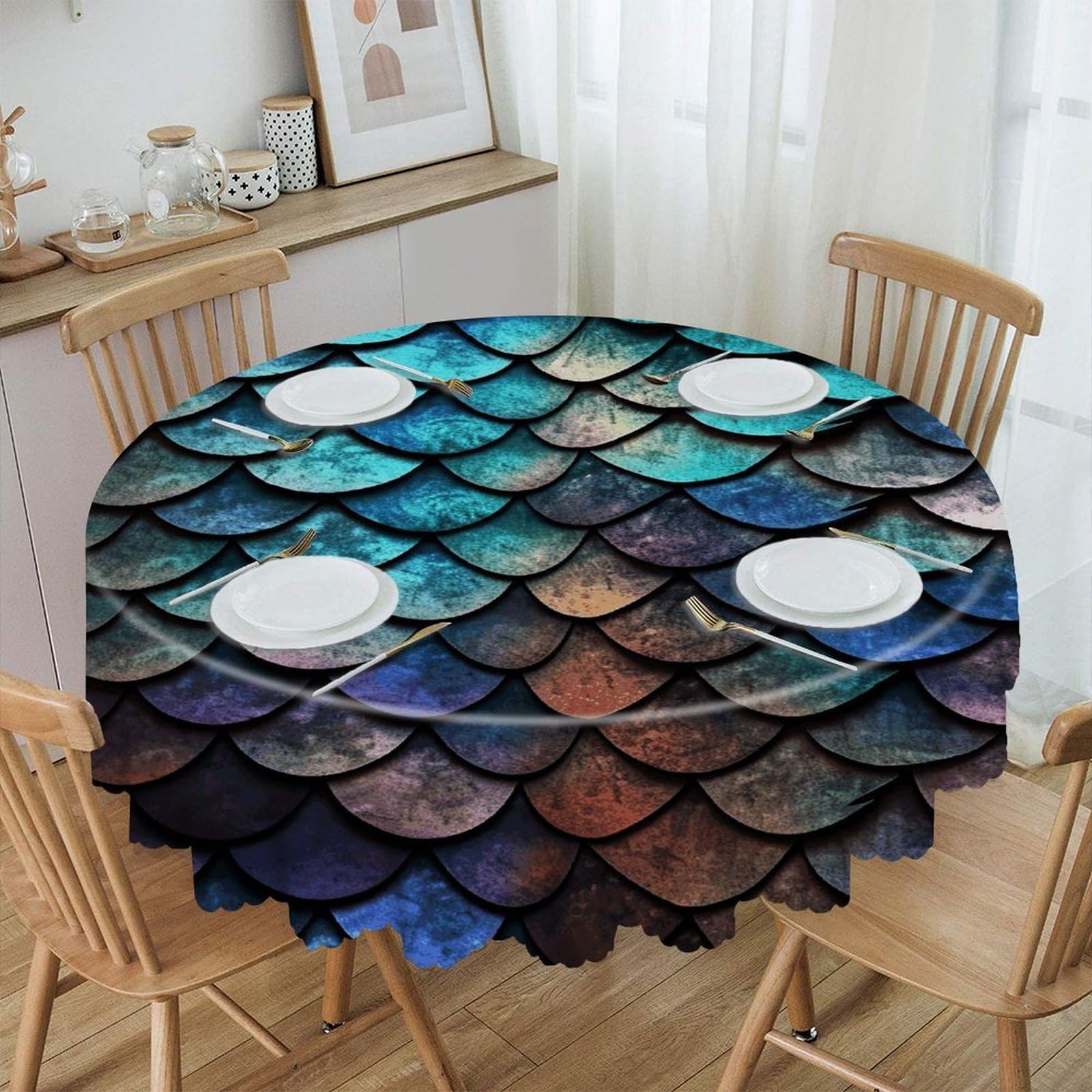 VstaDank 3D Magical Dragon Scales Pattern Round Tablecloth Premium Polyester Table Cloth Heavy Duty Washable Fabric Tablecloth Waterproof Holiday Table Cover Decorative Tablecloths for Dining 60"