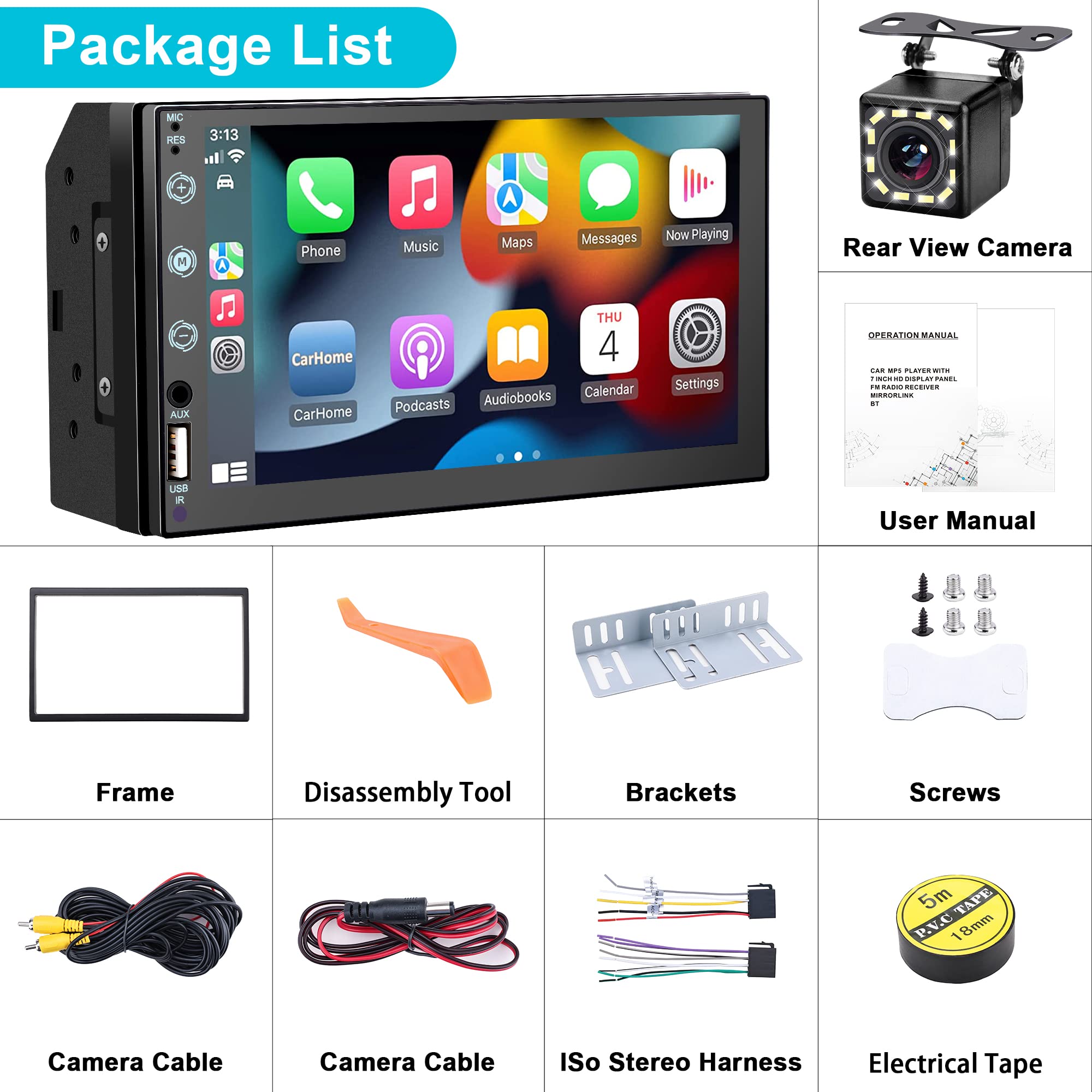 7" Double Din Car Stereo Compatible with Apple Carplay and Android Auto, HD Touchscreen,12 LED Backup Camera,Mirror Link,USB/AUX,FM Car Radio,Noise Cancelling BT