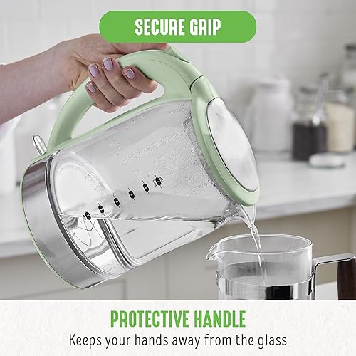 Miniatura 8 de GreenLife Hervidor eléctrico de vidrio de 1.7 litros, uso fácil de un toque, calentamiento rápido, boquilla filtrada, base LED, apagado automático,