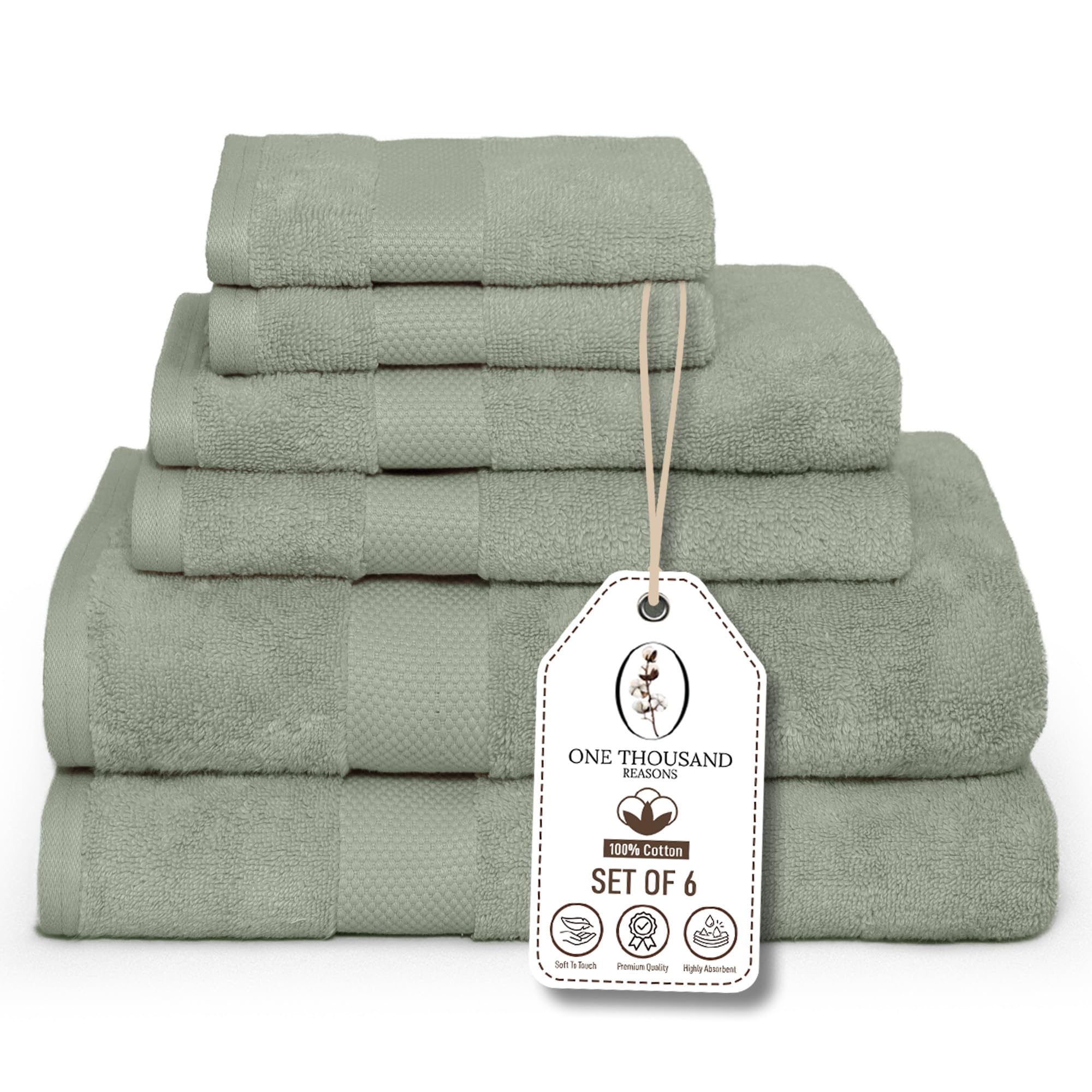 Premium Staple Cotton Bathroom Towel Set - Sage Green 600 GSM 6-Piece Luxury Bath Towel Set 1 Stripe