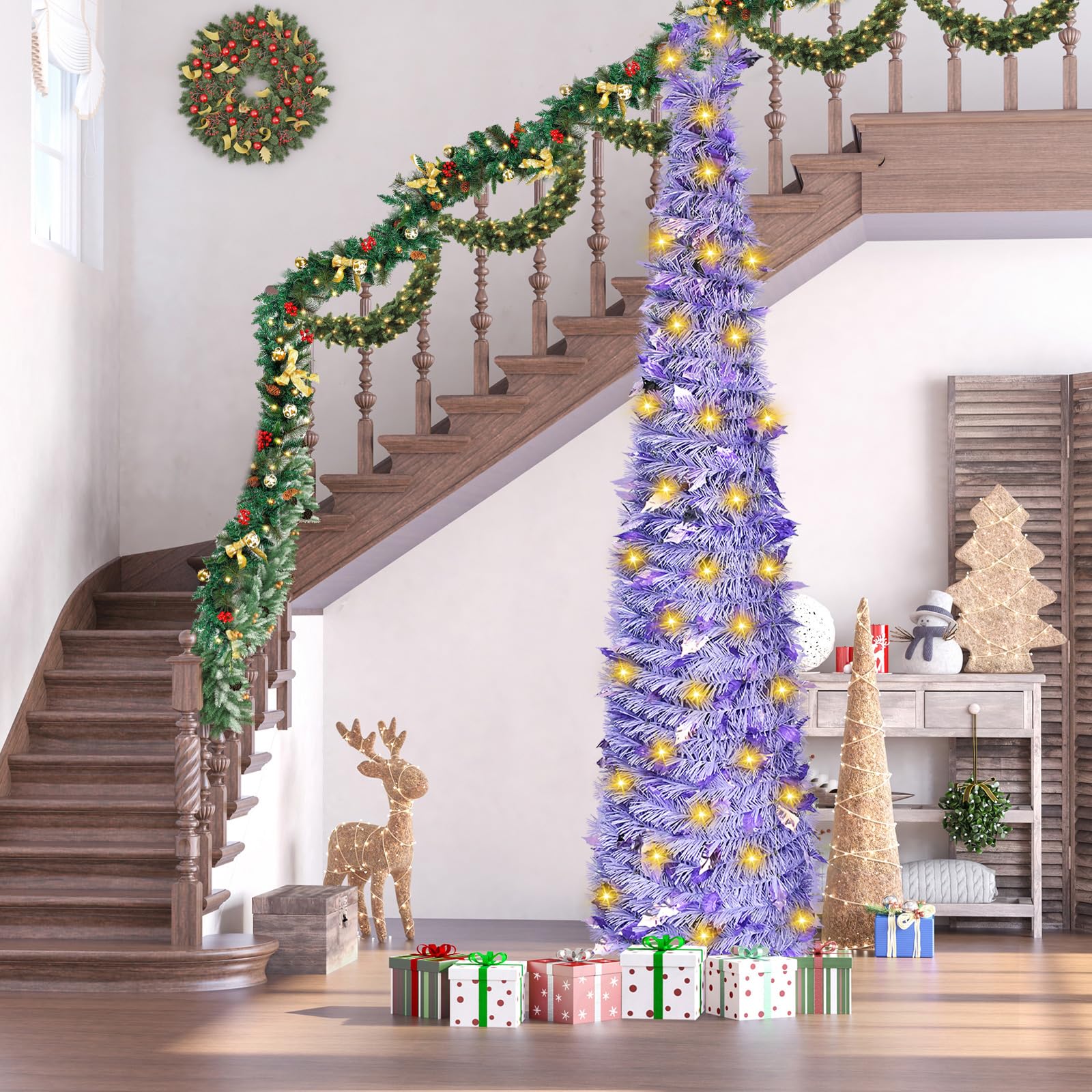 Albero Di Natale Artificiale HIIXHC 1,5m Con 100 Luci LED Colorate | Albero Pieghevole Rosa Con Palline | Decorazione Per Interni Ed Esterni - 2