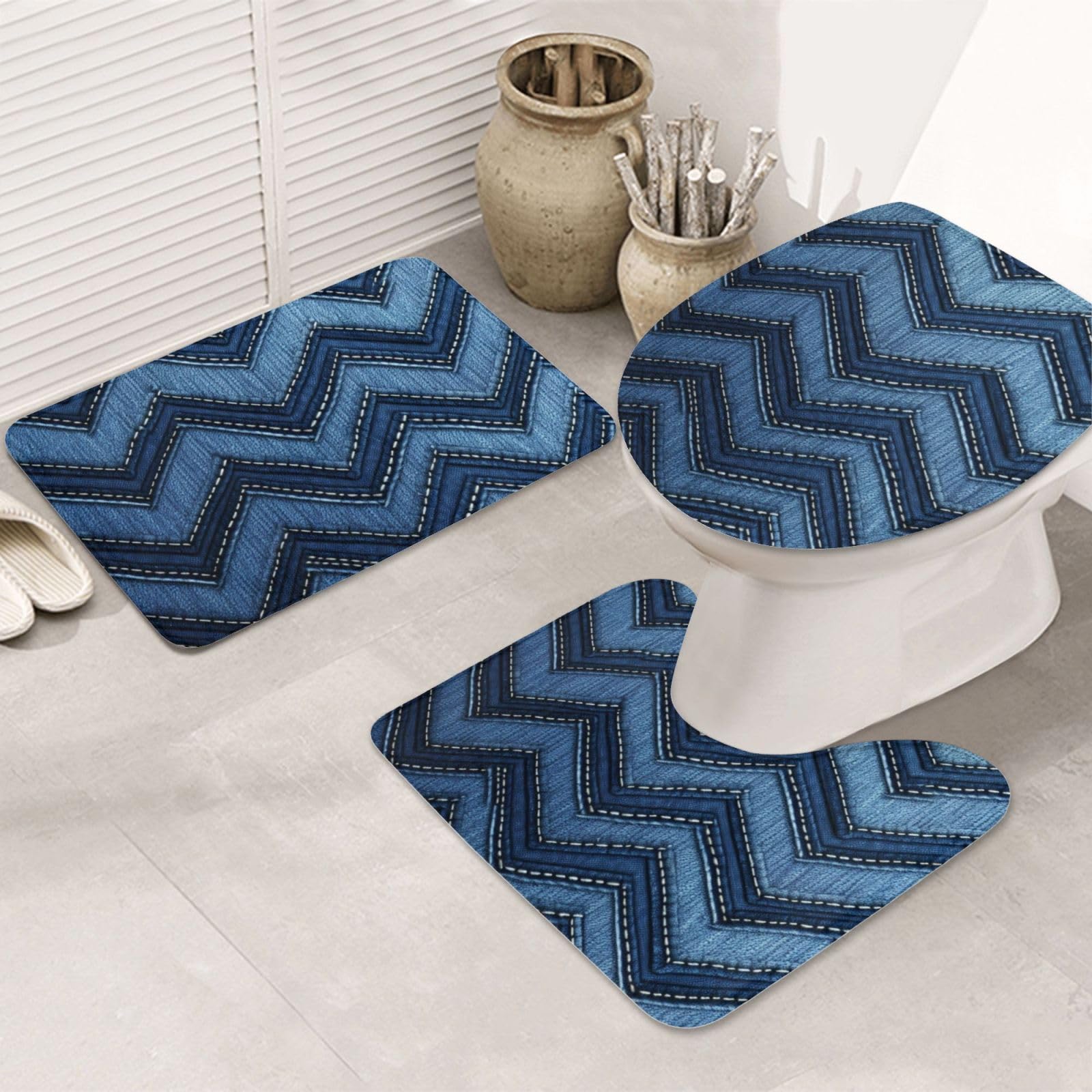 Lot de 3 tapis de salle de bain denim bleu dégradé microfibre