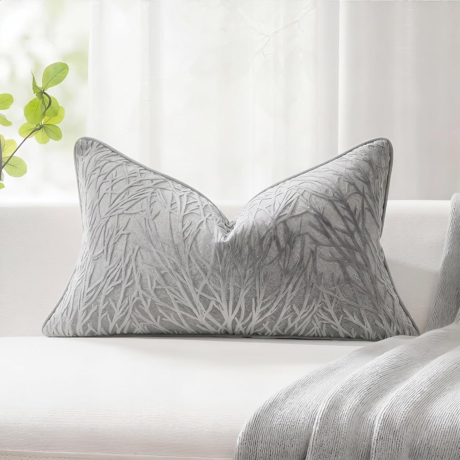 PANOD Decorative Modern Long Lumbar Pillow Cover 14 x 24, Boho Long Pillow for Bed,Soft Velvet Twigs Textured Coastal Neutral Long Rectangle Pillow Cover for Sofa Couch Farmhouse Livingroom, Grey