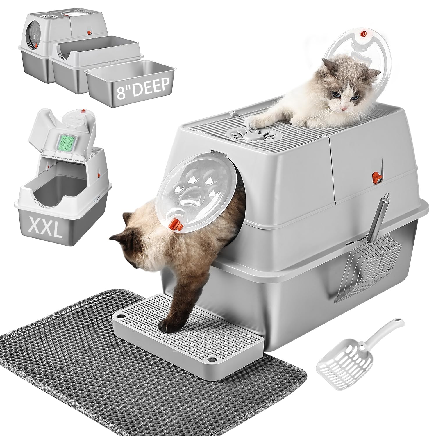 Stainless Steel Litter Box with Lid, XL Extra Large Enclosed Metal Litter Box(Bottom Elevated by 2 inches), Includes 2 Scoops and a Litter Mat. Easy