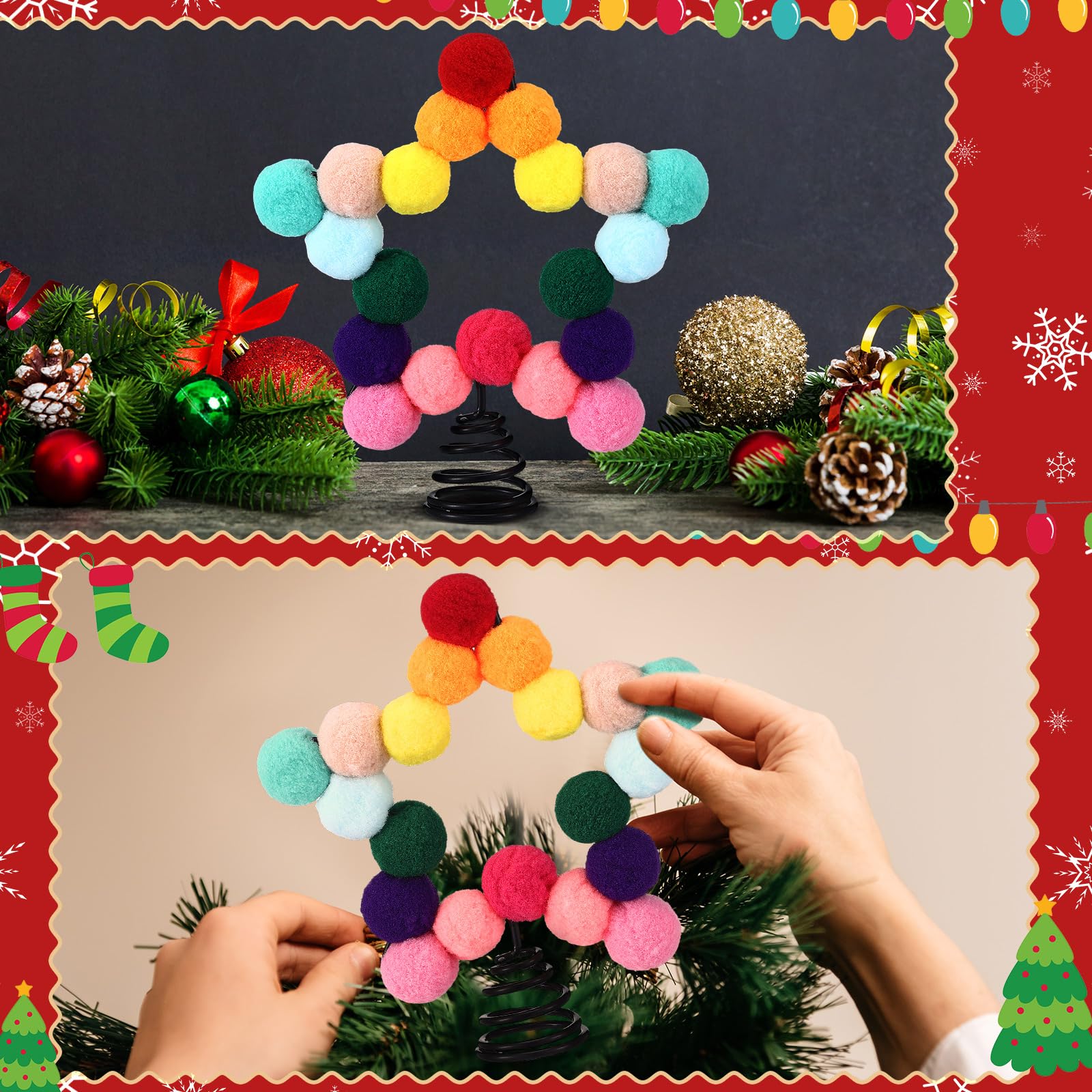 RoundFunny Regenbogen-Filzkugel-Stern, Weihnachtsbaumspitze, bunte Bommel, Filzkugel, Weihnachtsbaumspitze, bunt, fünfzackiger Stern, Weihnachtsdekoration zur Dekoration (12,9 x 15,9 cm)