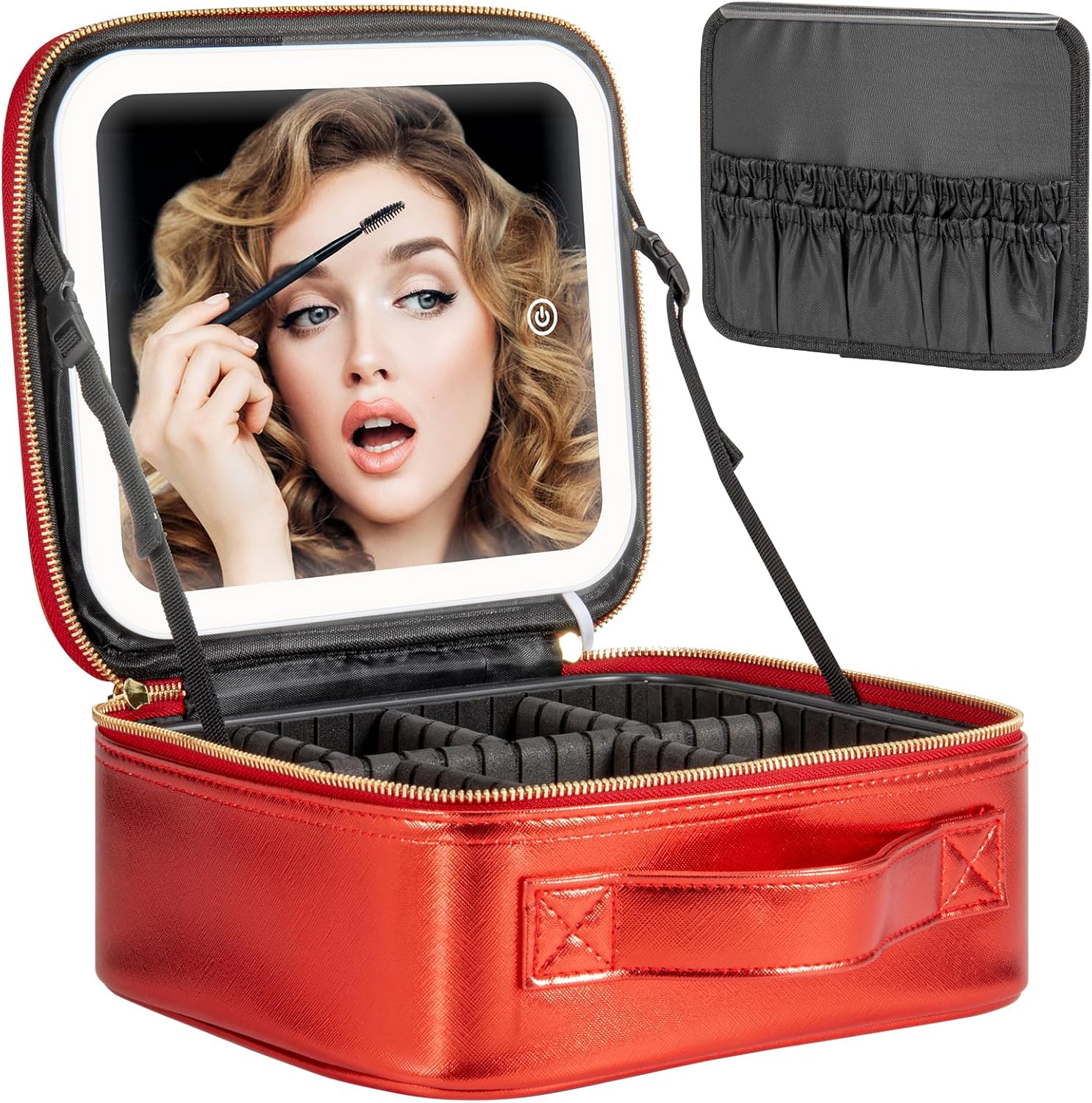 Makeup Travel Train Case with Mirror LED Light 3 Adjustable Brightness Large Cosmetic Bag Portable Storage Adjustable Partition Waterproof Makeup Brushes Make up Jewelry Gift for Women