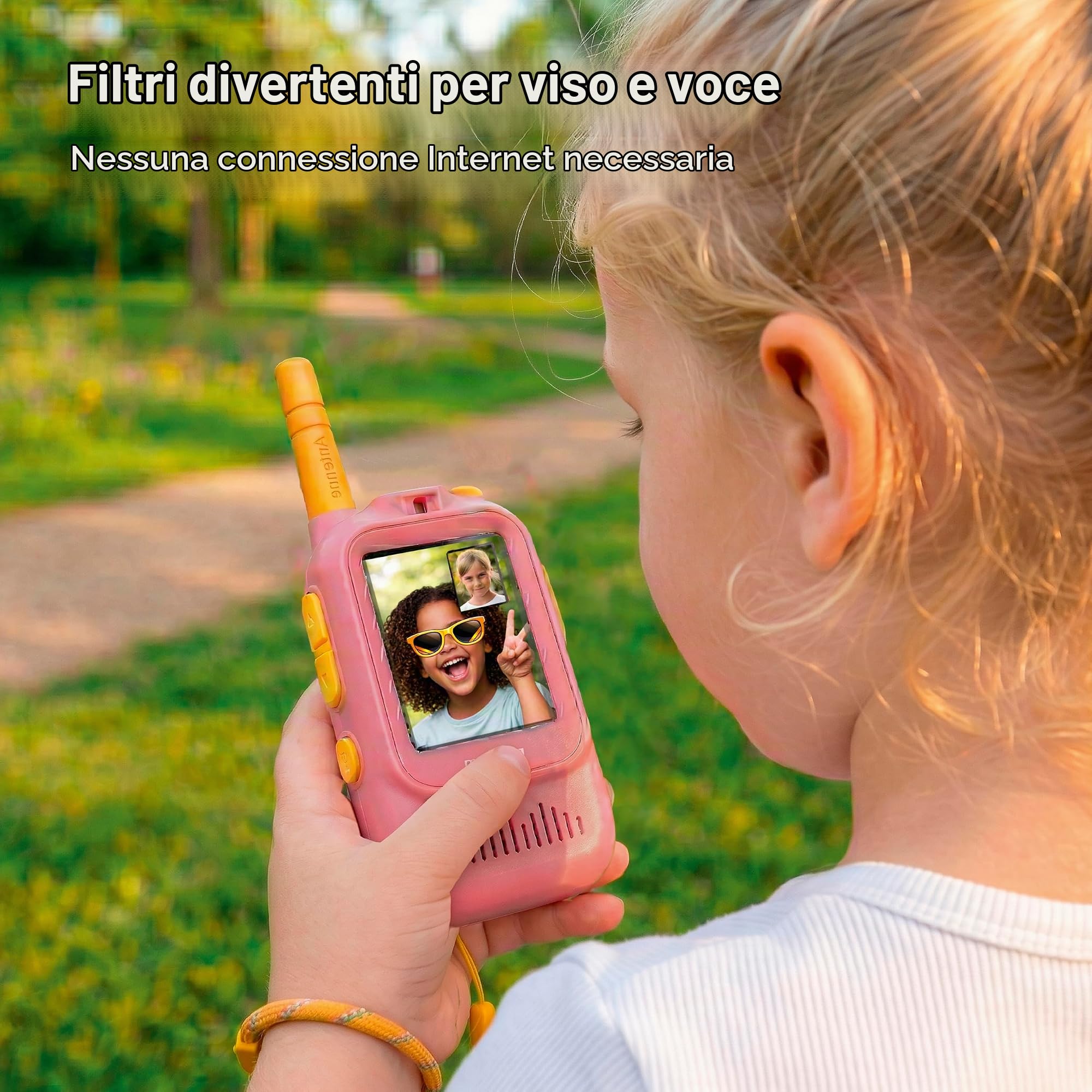 ZAZU Walkie talkie video per bambini con fotocamera, set da 2, portata 300 m, schermo da 2,0", ricaricabile tramite USB, 5 effetti vocali e 16 filtri, radio con video per interni ed esterni (beige)