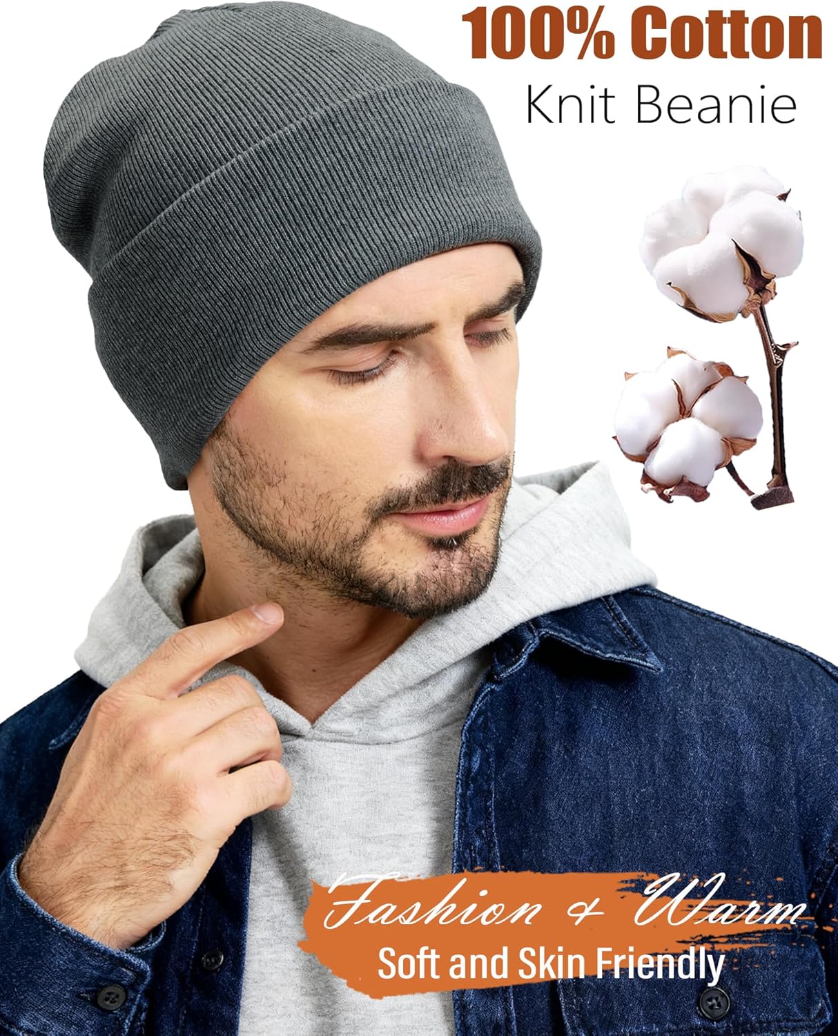 ROYBENS 100% Cotton Beanie, Knit Cuffed Beanies Hats for Men & Women, Winter Slouchy Soft Warm Unisex Skull Cap Hat - Image 2