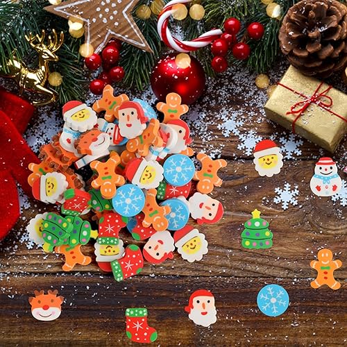 Miniatura 7 de CCINEE 120 piezas de borradores de Navidad para niños, mascotas de escritorio, borradores de lápiz de Navidad, alce, muñeco de nieve, Papá Noel,