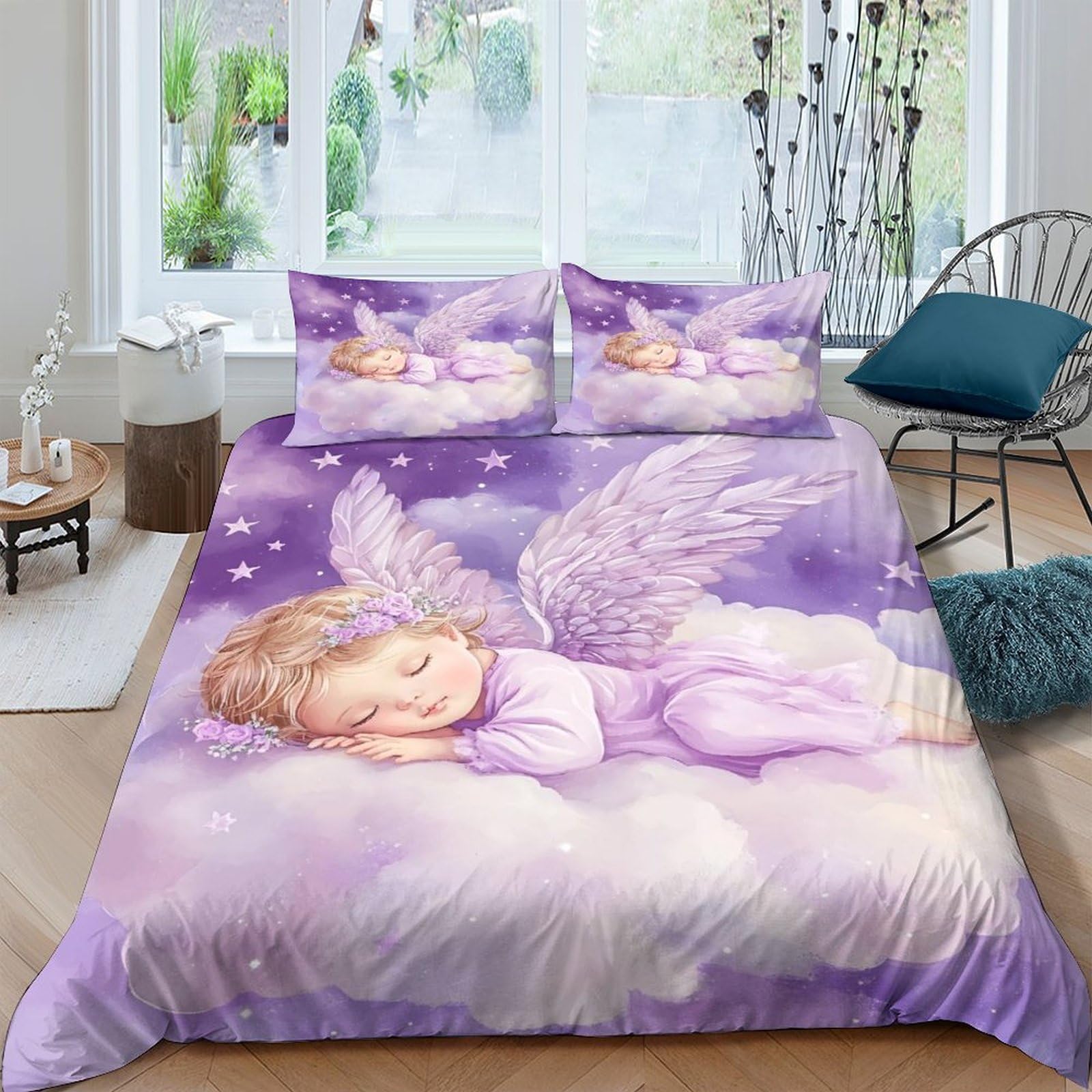 Ctjqhvkz Style-10 3D Printed Sleeping Angel Fitted Sheet Microfiber Soft Purple Dreamy Cloud Mattress Cover For Bedroom Dorm Home Decor Single（135X200cm）