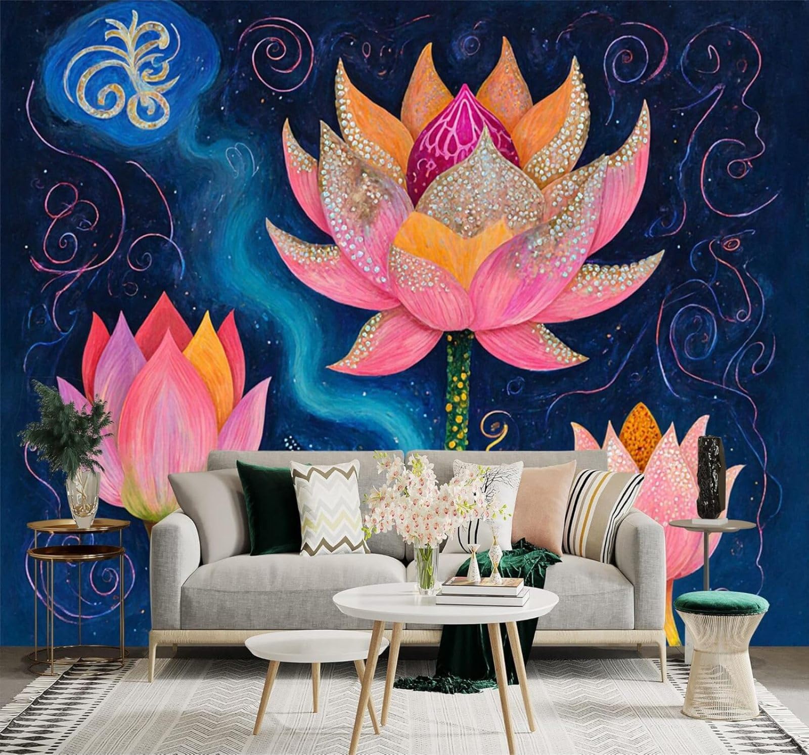 XLMING Beautiful Colourful Lotus Flowers Abstract Swirls Starry Sky Background 3D Wallpaper Premium Textured Silk Study Dining Living Room Bedroom Sofa TV Wall Easy Install-150cm×105cm