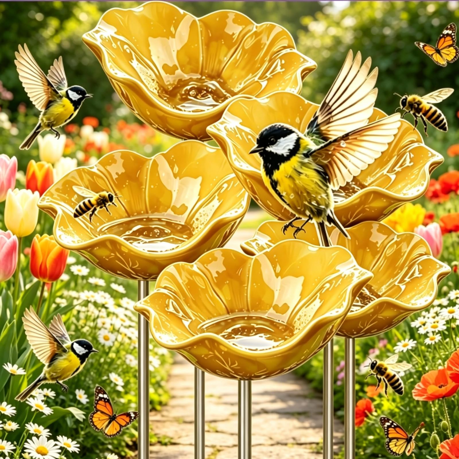 Metal Flower Garden Stakes Bird Bath | Everlasting Blooms, Handmade Metal Flower Garden Stake with Bird Bath, Bee Butterfly Water Station, Outdoor Lawn Stake for Nature Lovers (5pcs)