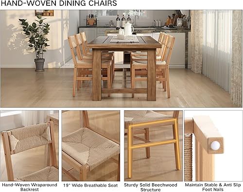 Miniatura 5 de Juego de 2 sillas de comedor de ratán modernas de mediados de siglo, sillas de cocina de madera de haya natural, sillas de comedor tejidas de Madera