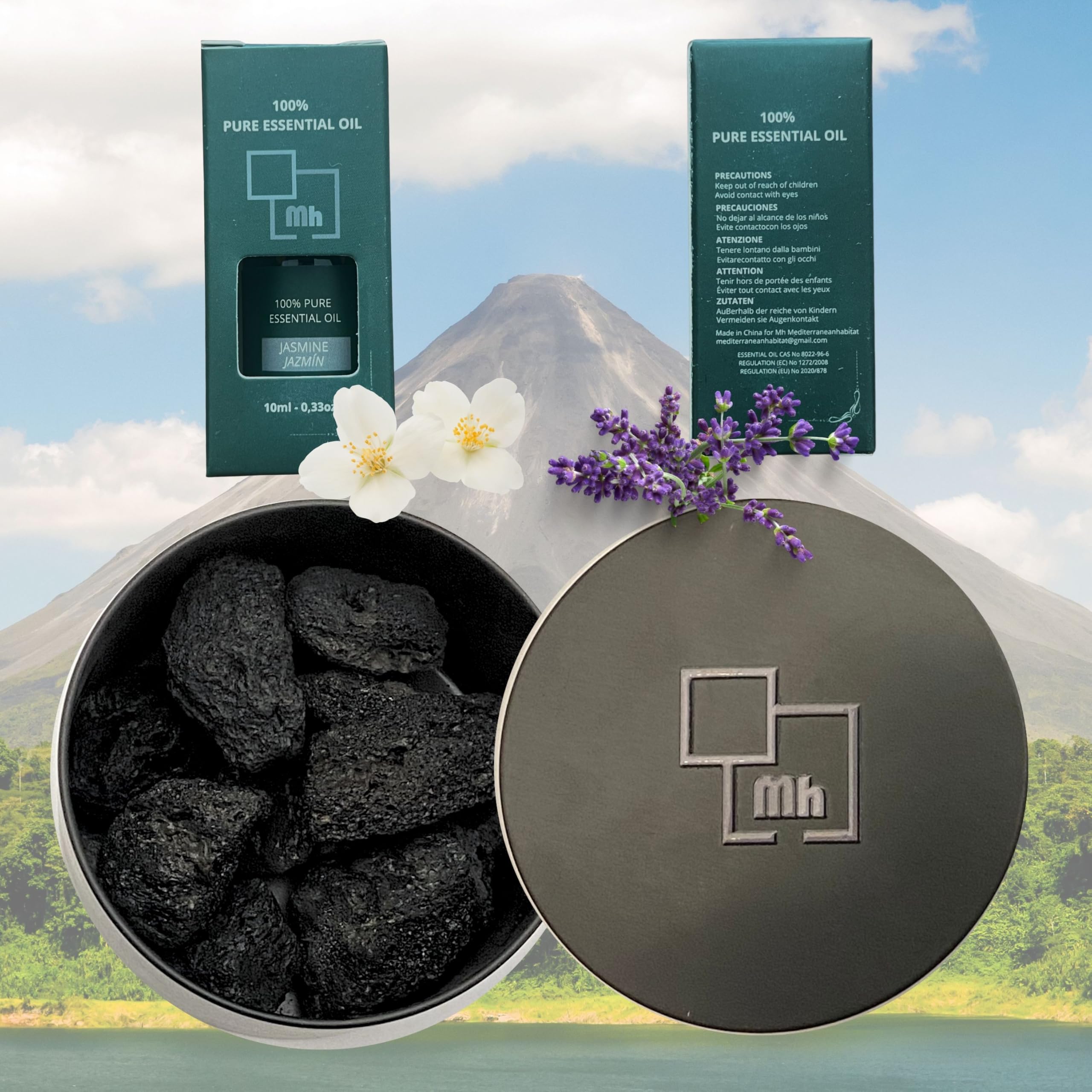 Difusor Aceites Esenciales - Con 2 Aromas, Jazmín y Lavanda 10ml - Piedras Volcánicas 100% Naturales - Uso Relajante - Ideal para Baño, Yoga o Comedor - Sin Electricidad - Fácil Aplicación