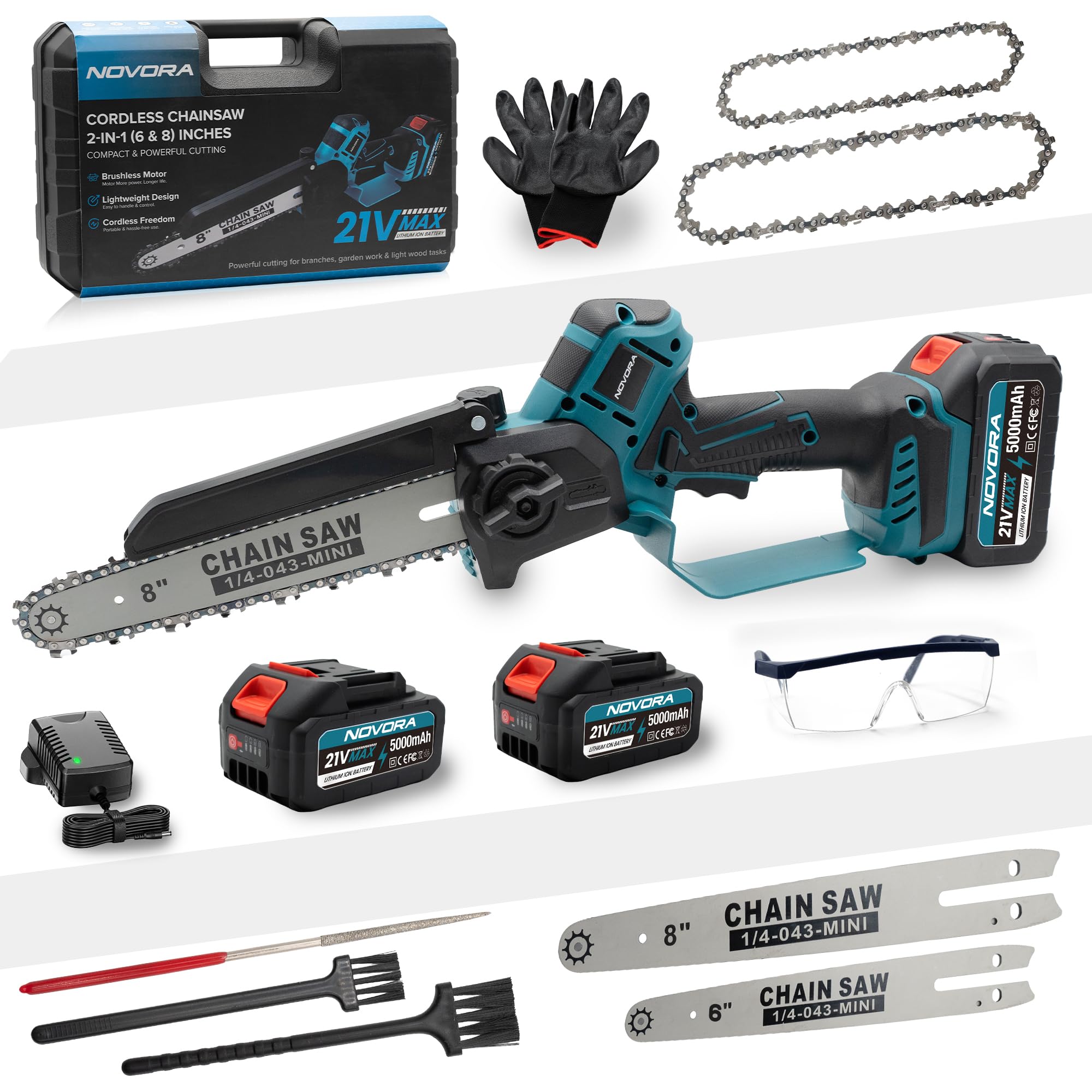 NOVORA Chainsaw Cordless 8 Inch & 6 Inch, 1350W Brushless Motor Electric Chainsaw with 2×5000mAh Batteries, Battery Powered Handheld Chainsaw with Auto Oiler for Tree Pruning & Garden Wood Cutting