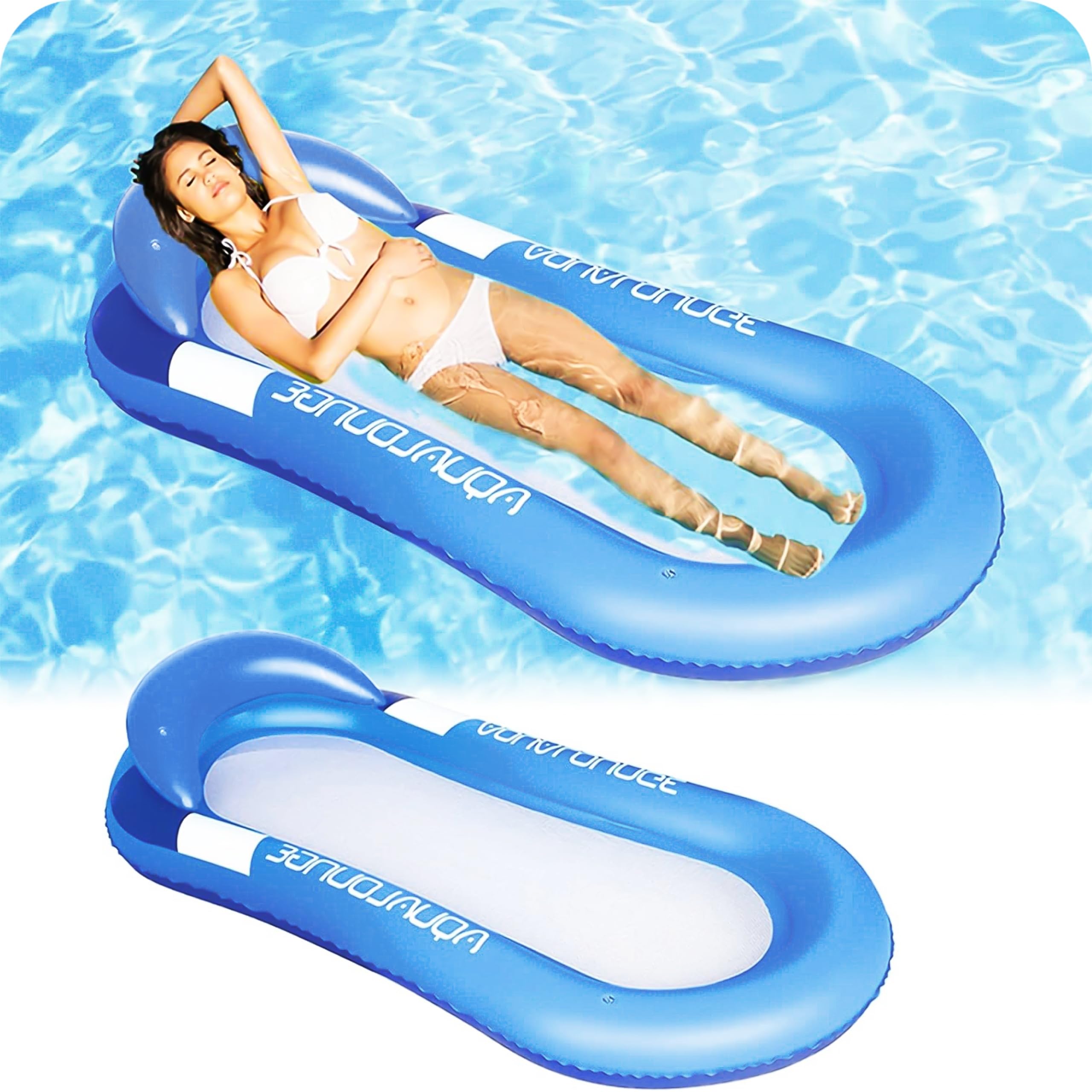 KRUMAD Luftmatratze Wasser mit Kopfstütze 150x70 cm, Pool Matratze mit Netz, Aufblasbare Schwimmmatratze, Relaxliege für Erwachsene, Wasserhängematte, Pool Zubehör, Blau