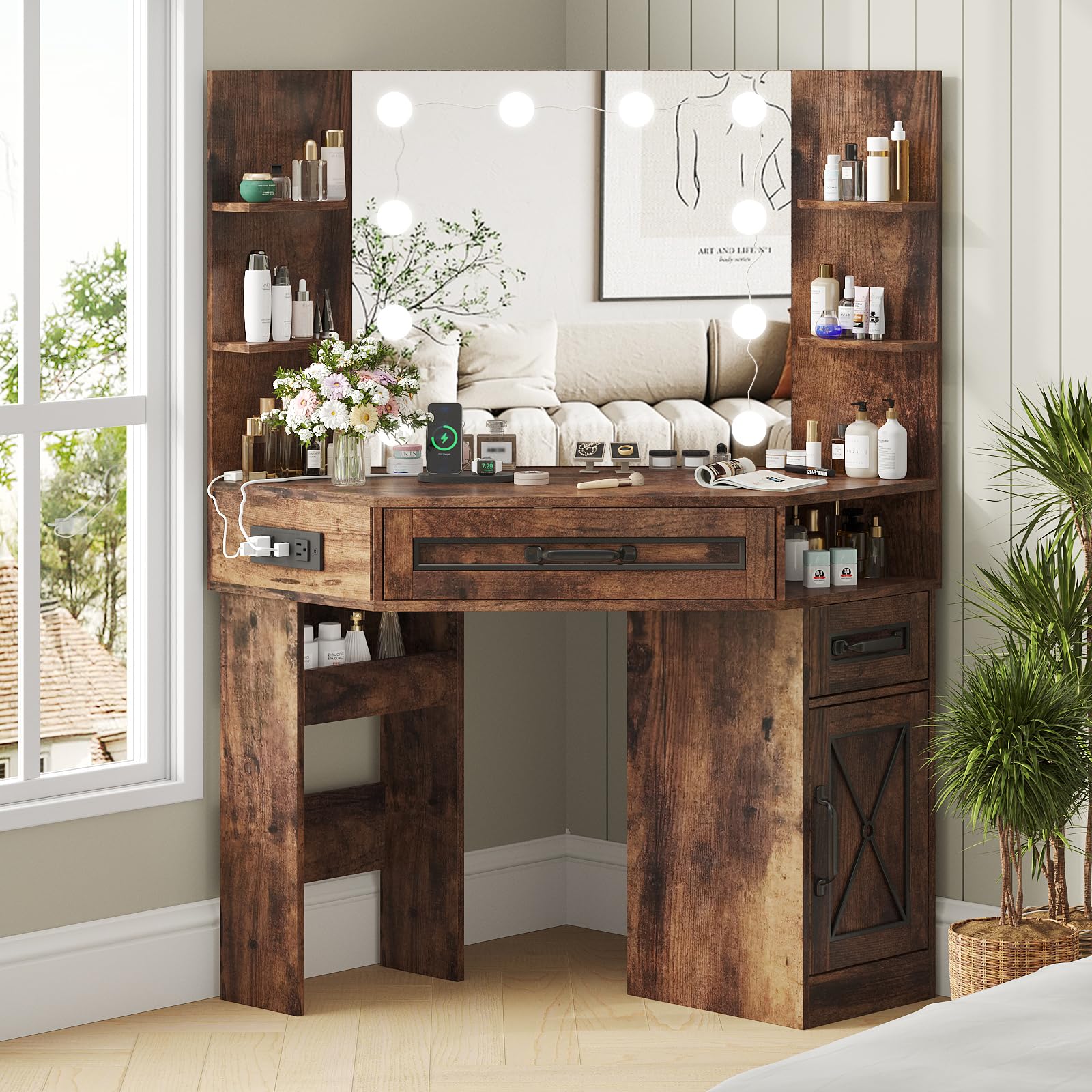 Maupvit Corner Makeup Vanity, Corner Vanity Desk with Mirror and Lights, Farmhouse Makeup Table with 10 Bulbs & Charging Stations, 3 Drawers & Cabinet, 3 Lighting Modes Adjustable, Brown