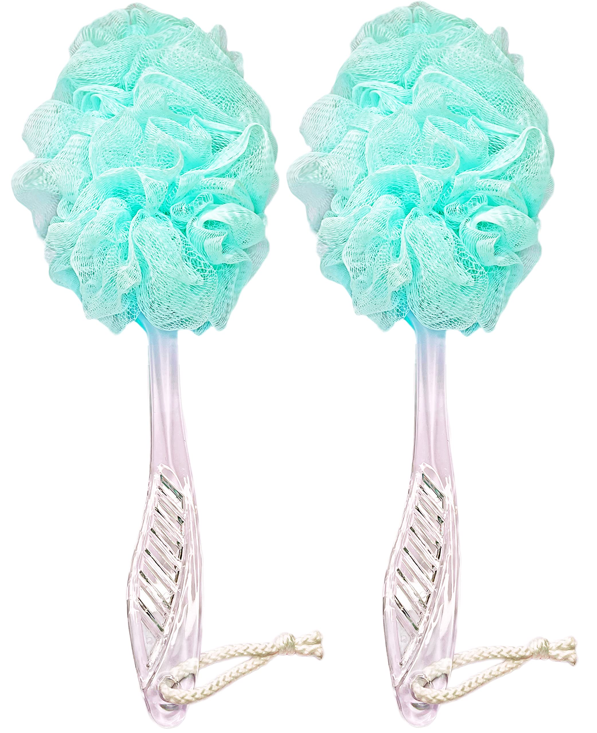 Loofah Szczotka do pleców pod prysznic, długa rączka, miękka nylonowa siatkowa gąbka luffa na patyku, peeling do czyszczenia luffa dla osób starszych, dla mężczyzn i kobiet, 2 szt., zielona