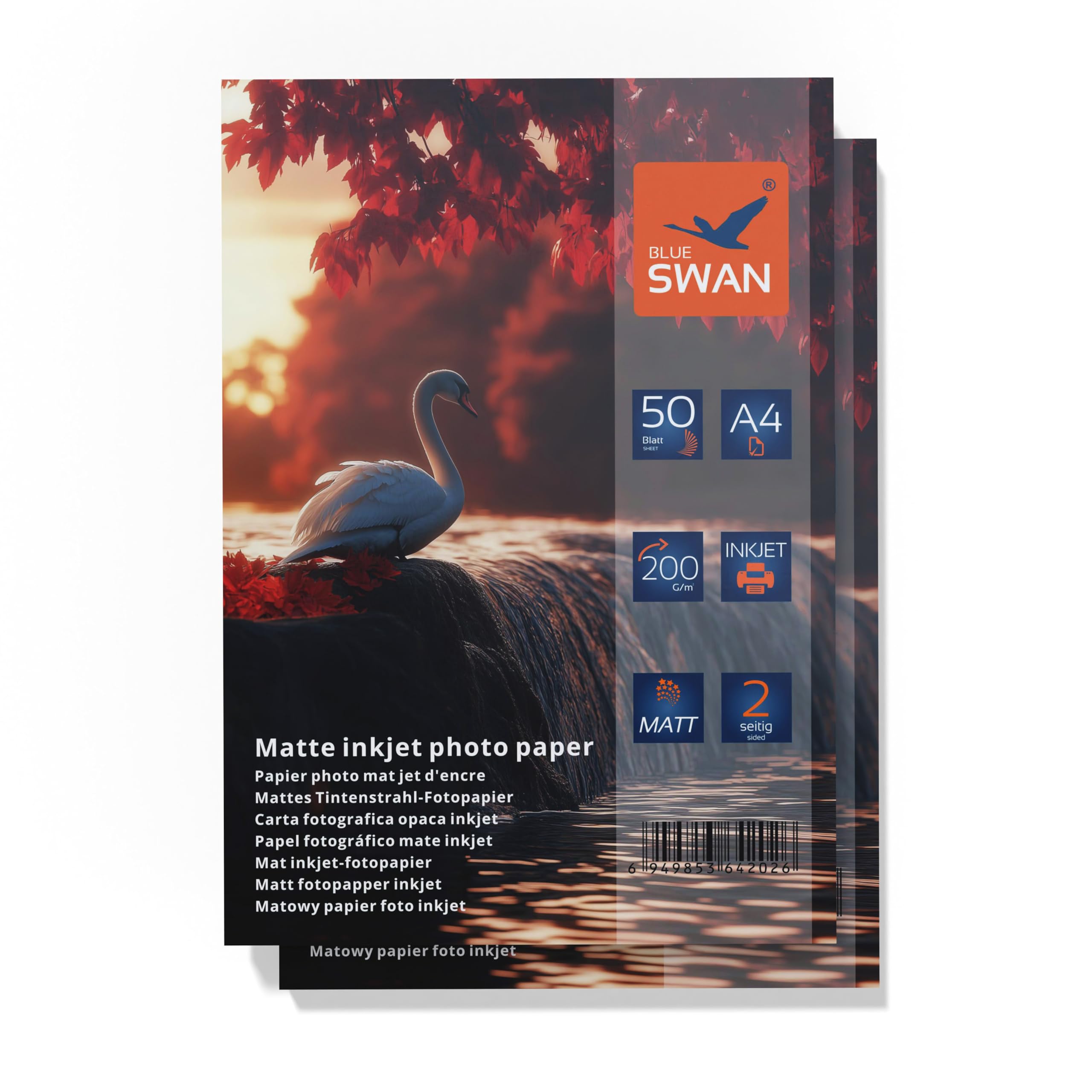 Carta Fotografica Opaca Blue Swan A4 200gsm - 100 Fogli, Alta Brillantezza, Basso Riflesso, Per Stampa Qualit&agrave;